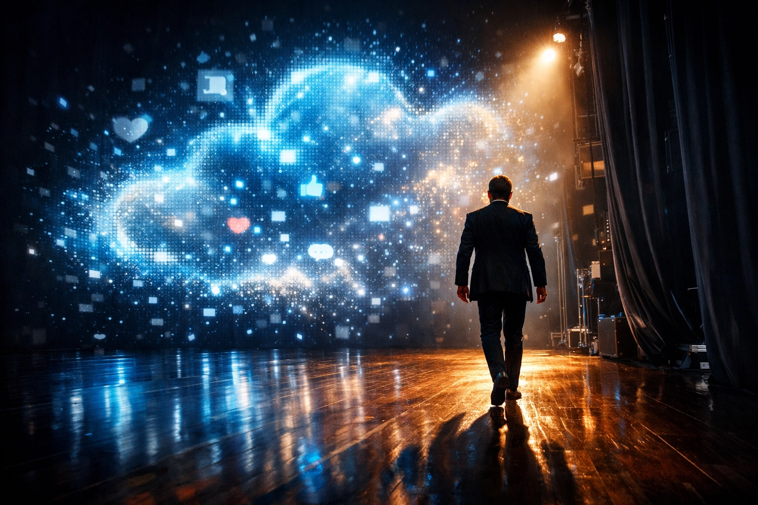 Keynote speaker exiting the stage with a digital wake of social media icons for content repurposing.