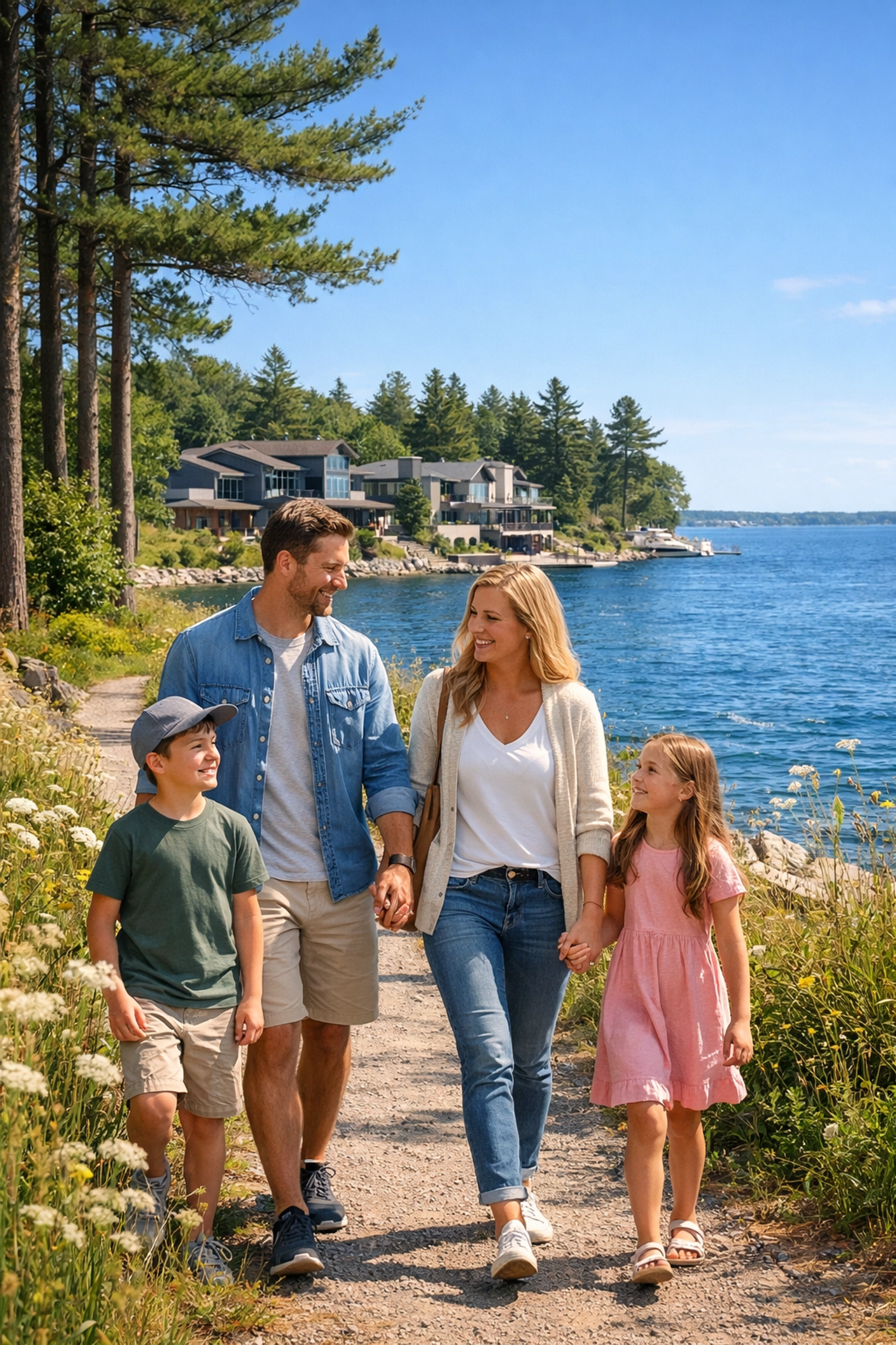 Семья гуляет по живописной тропе у озера Симко в Иннисфиле, наслаждаясь новым стилем жизни.