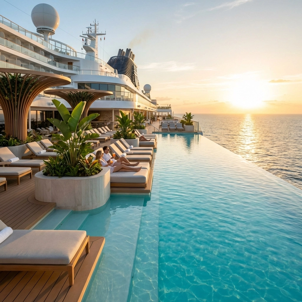 Modern cruise ship deck with infinity pool at sunset, showcasing luxury amenities on new cruise ships