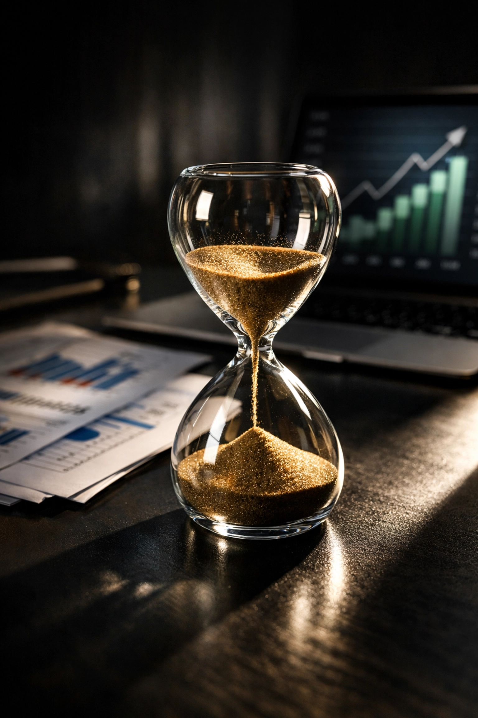Hourglass on desk showing time pressure in startup funding and deal timing