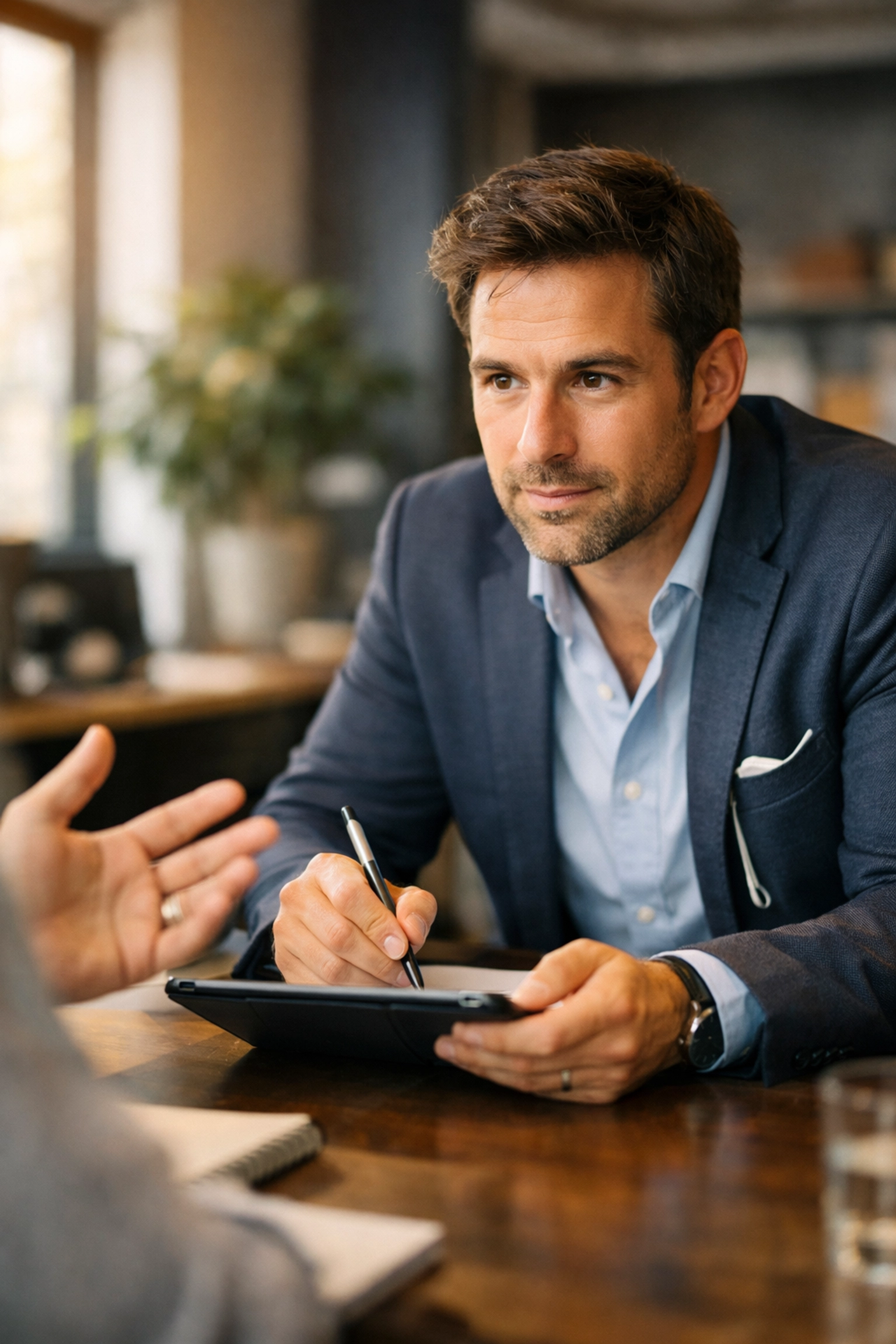 Sales professional taking notes during B2B sales coaching discovery conversation
