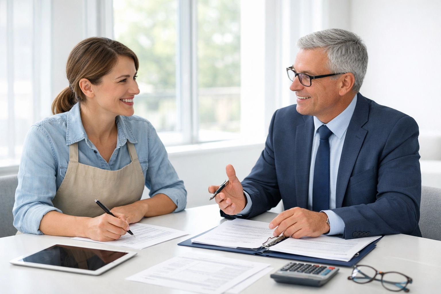 Tax professional consulting with small business owner about payroll and bookkeeping services