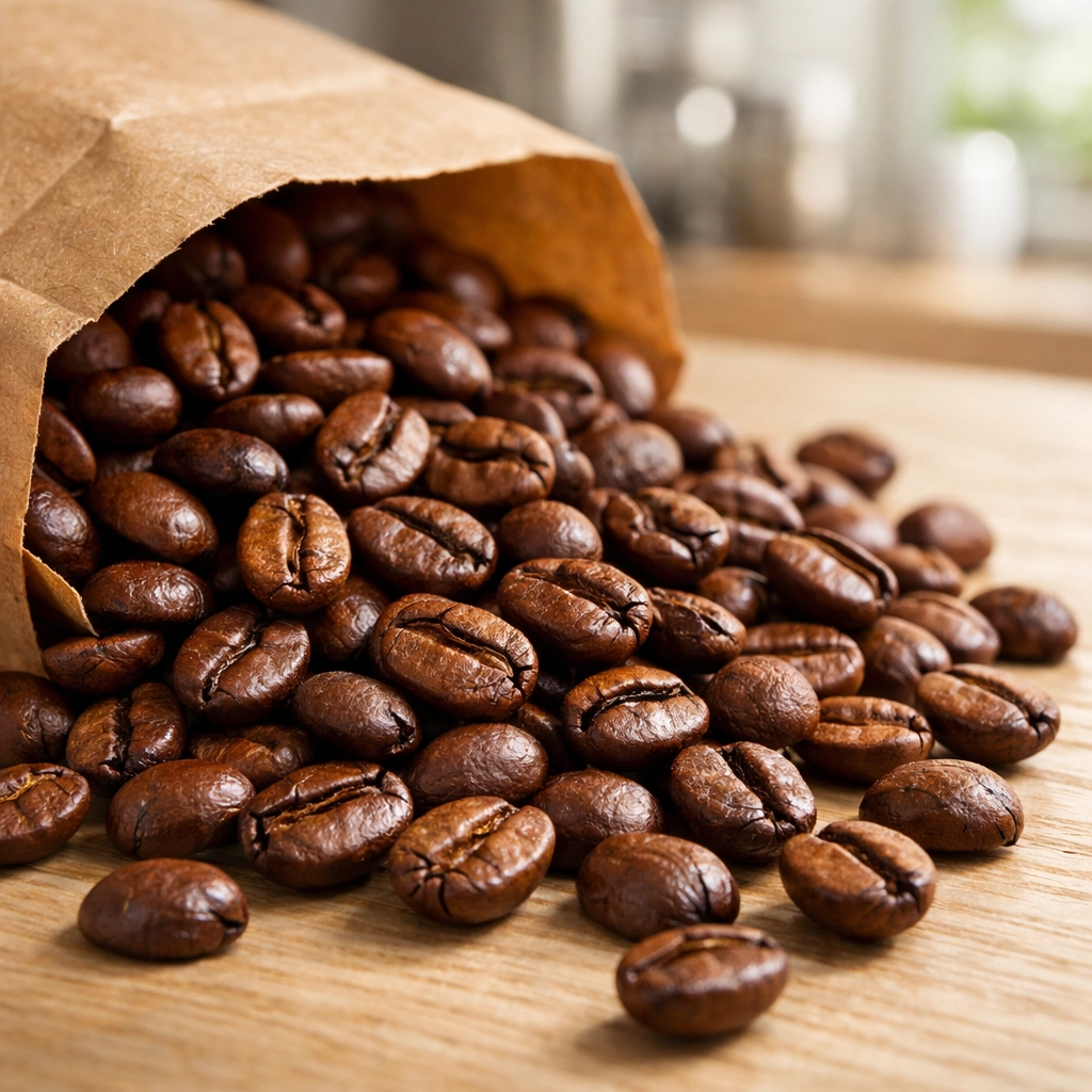 Freshly roasted speciality coffee beans spilling out of a kraft paper bag.