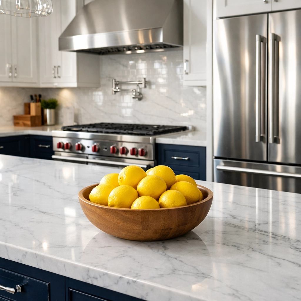 Pristine gourmet kitchen with sparkling marble countertops and polished appliances in an Acton home for sale.