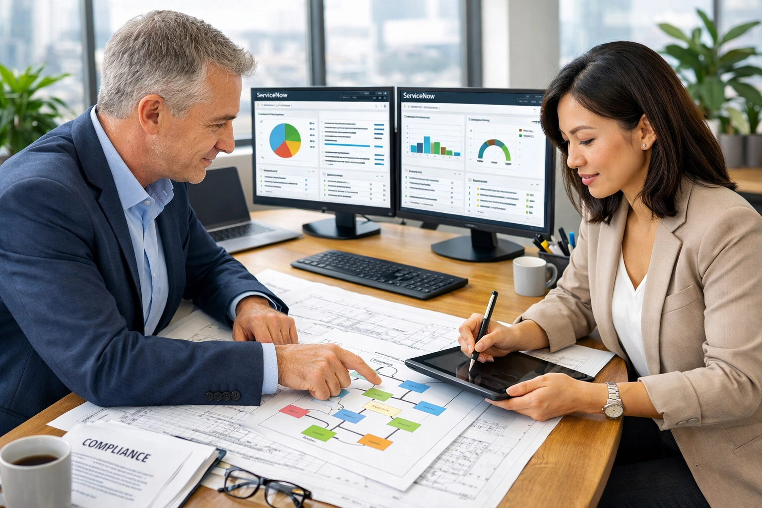 ServiceNow consulting professionals reviewing compliance documentation and workflow strategies