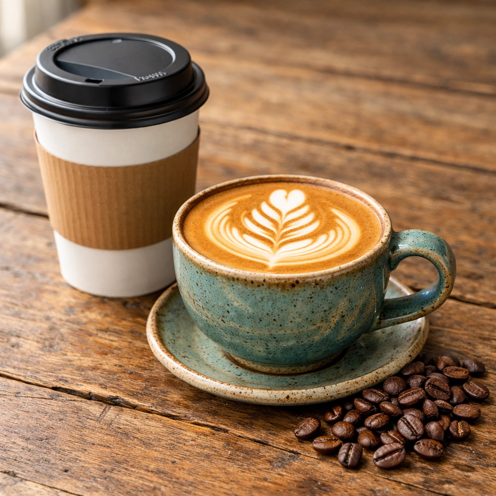 Comparison of a standard takeaway cup and a premium flat white with speciality coffee beans.