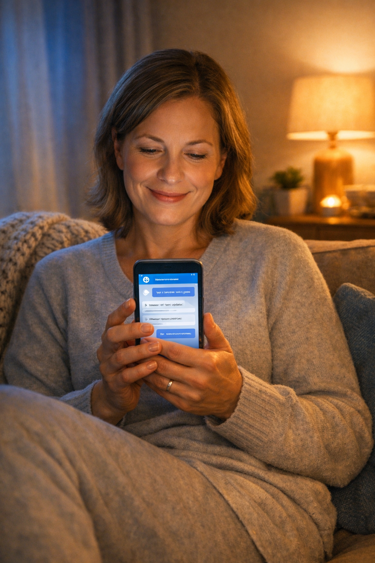 Woman chatting with online doctor for yeast infection treatment using smartphone at home