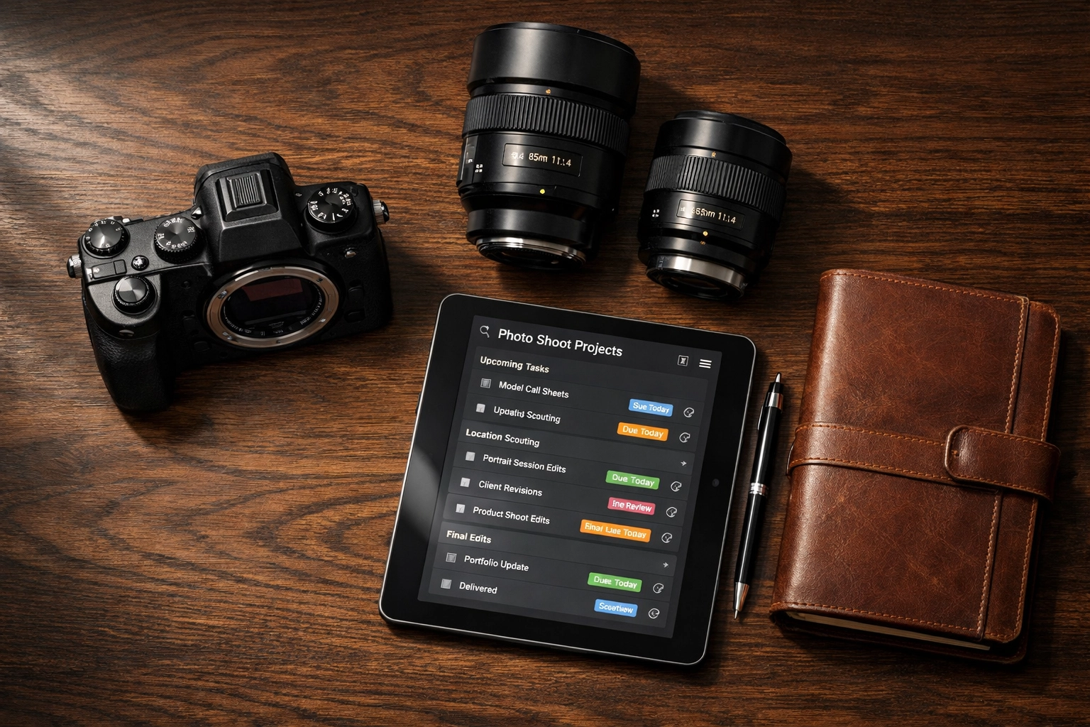 Flat lay of professional photography gear and business tools on a dark wood desk for career success.