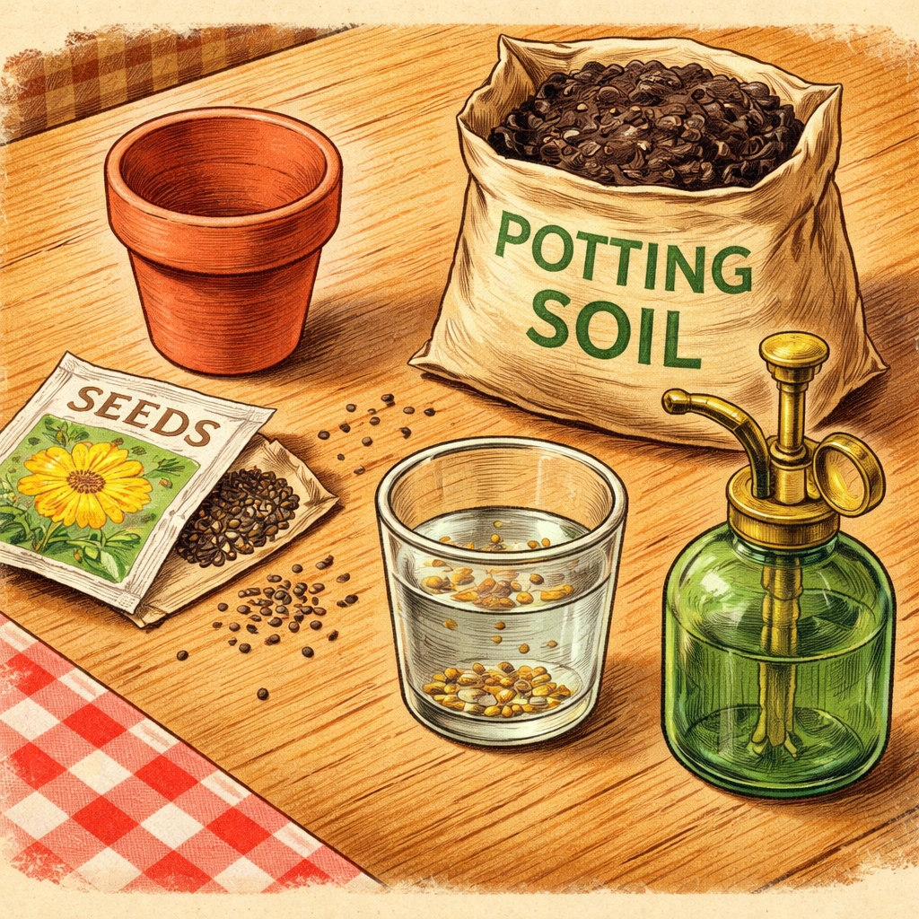 Bird's-eye view of a kitchen table with Sensitive Plant gardening supplies, ready for planting with kids