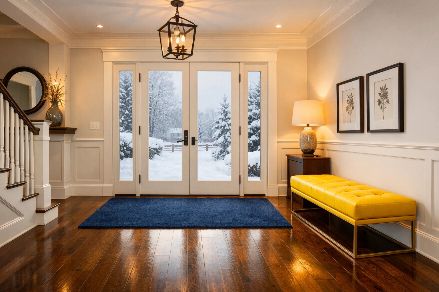 Clean Shrewsbury home entryway with polished wood floors and a rug, protected from winter salt and slush.