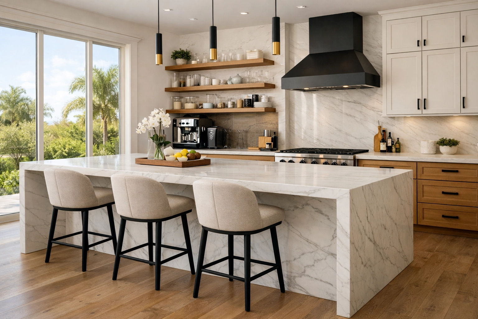 Modern kitchen remodeling in Orlando featuring a marble waterfall island and custom oak cabinetry.