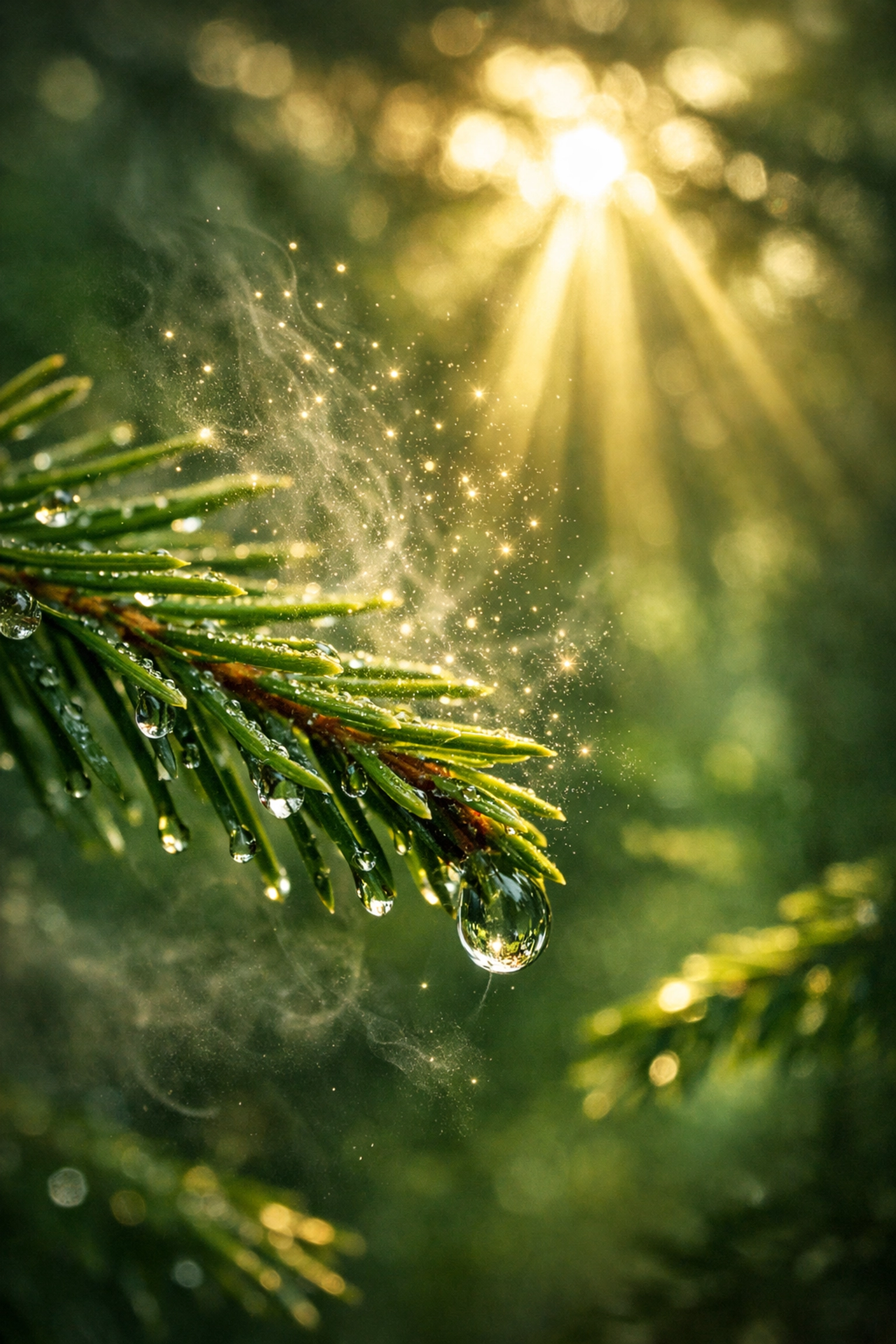 Close-up of a pine needle in a forest releasing phytoncides for natural stress relief.