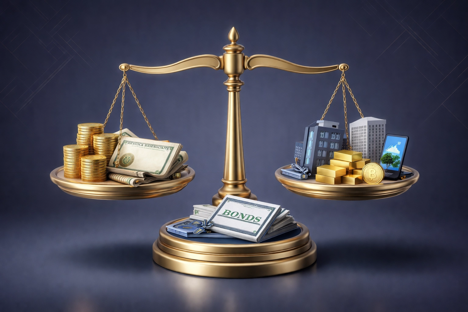 Balanced scale with stocks, bonds, and alternative assets illustrating the 40/30/30 portfolio diversification model.