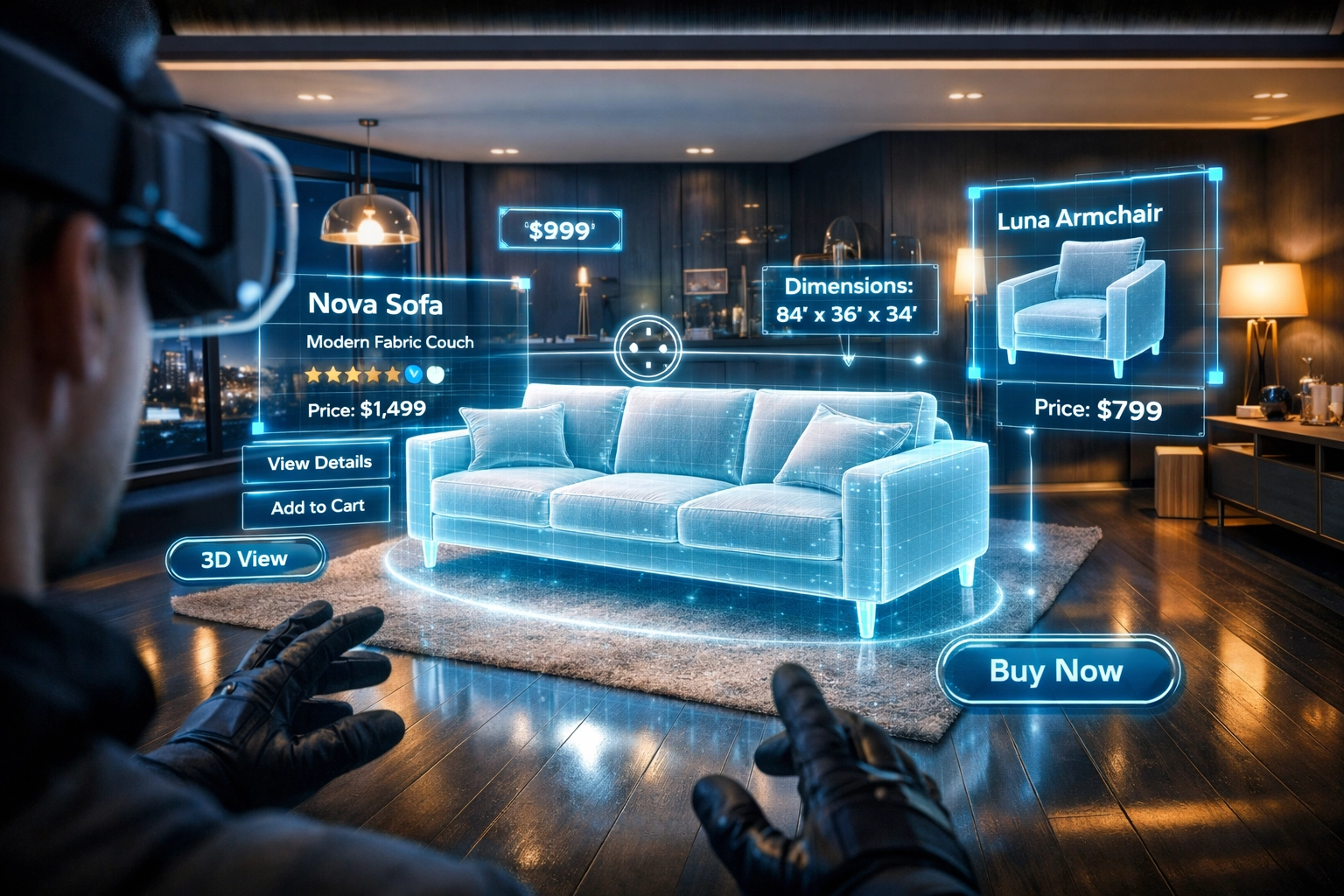 VR shopping experience showing AR furniture placement in living room with virtual product overlay