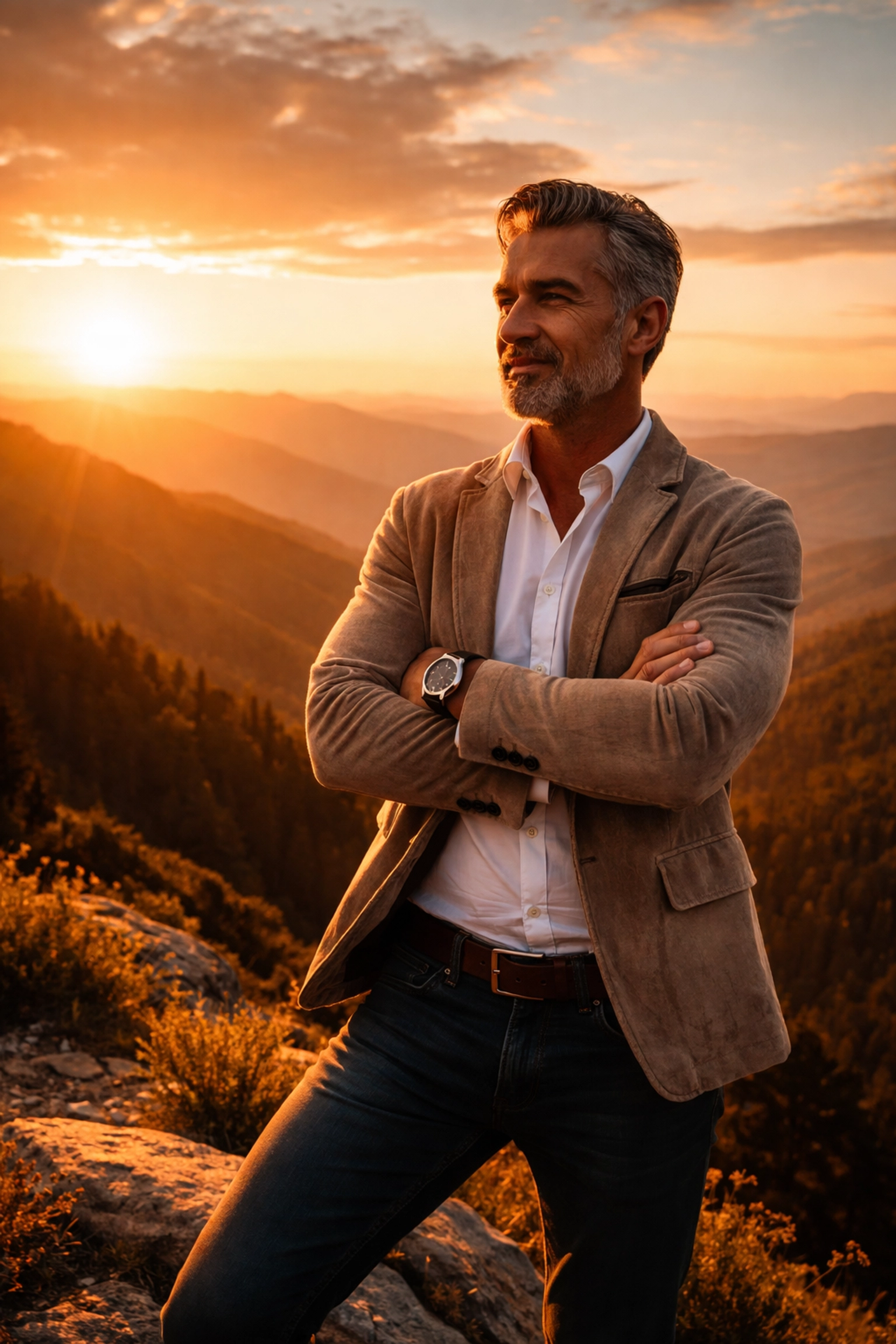Confident man in his 50s overlooking mountains, symbolizing new beginnings in retirement planning