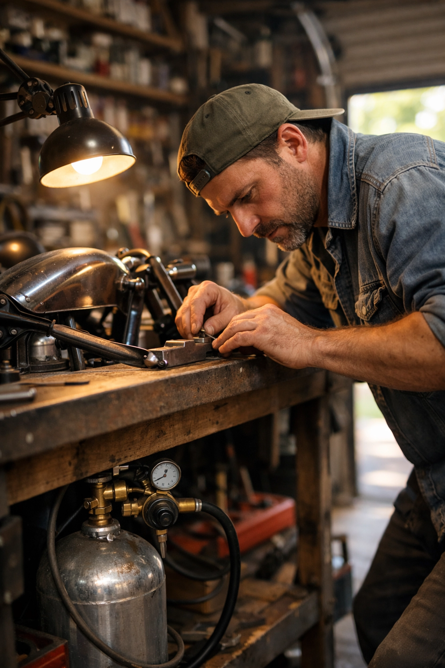 A DIY enthusiast using bottled gas at a workbench in a home garage workshop for a metal project.
