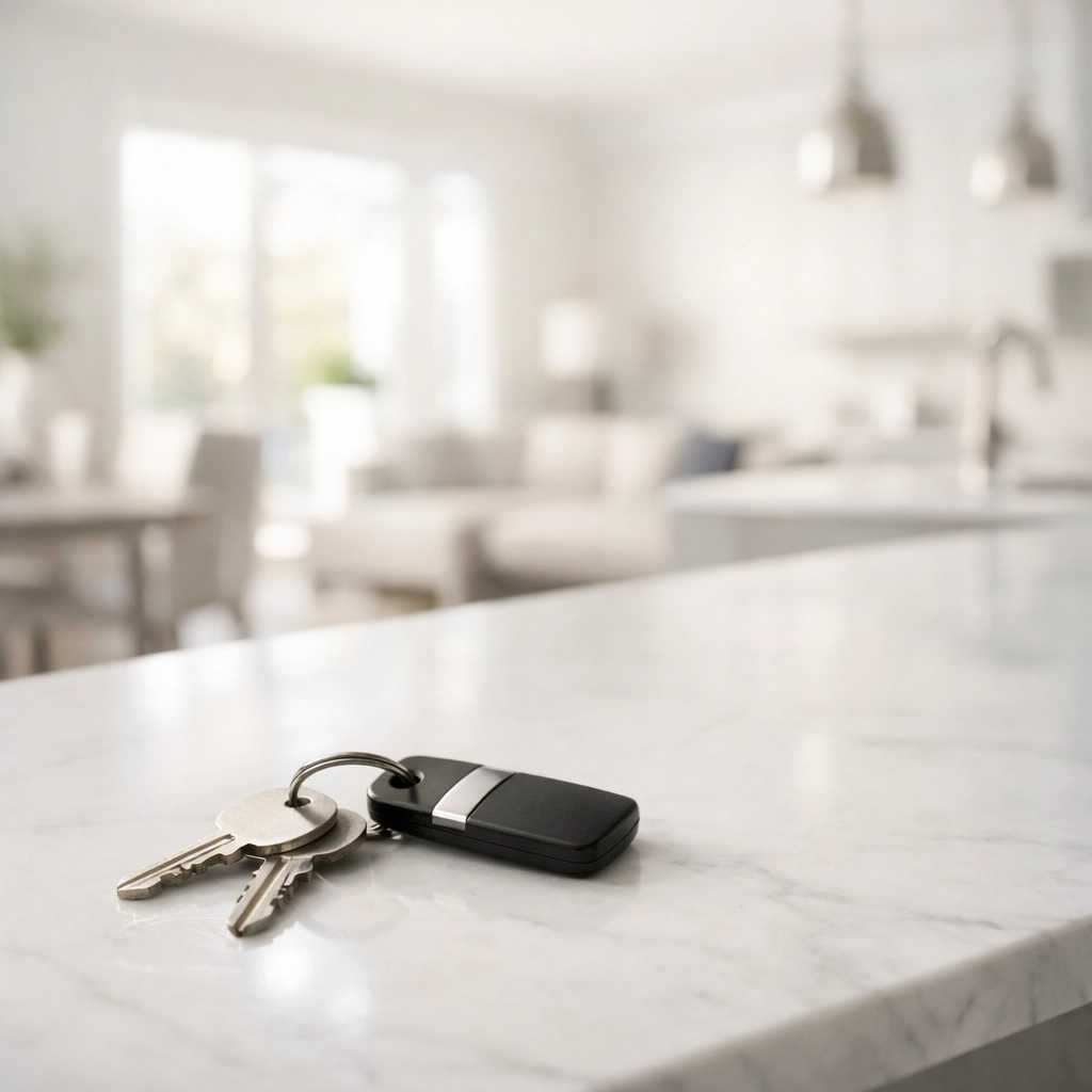 House keys on a modern kitchen island, representing a coordinated buy and sell real estate strategy.