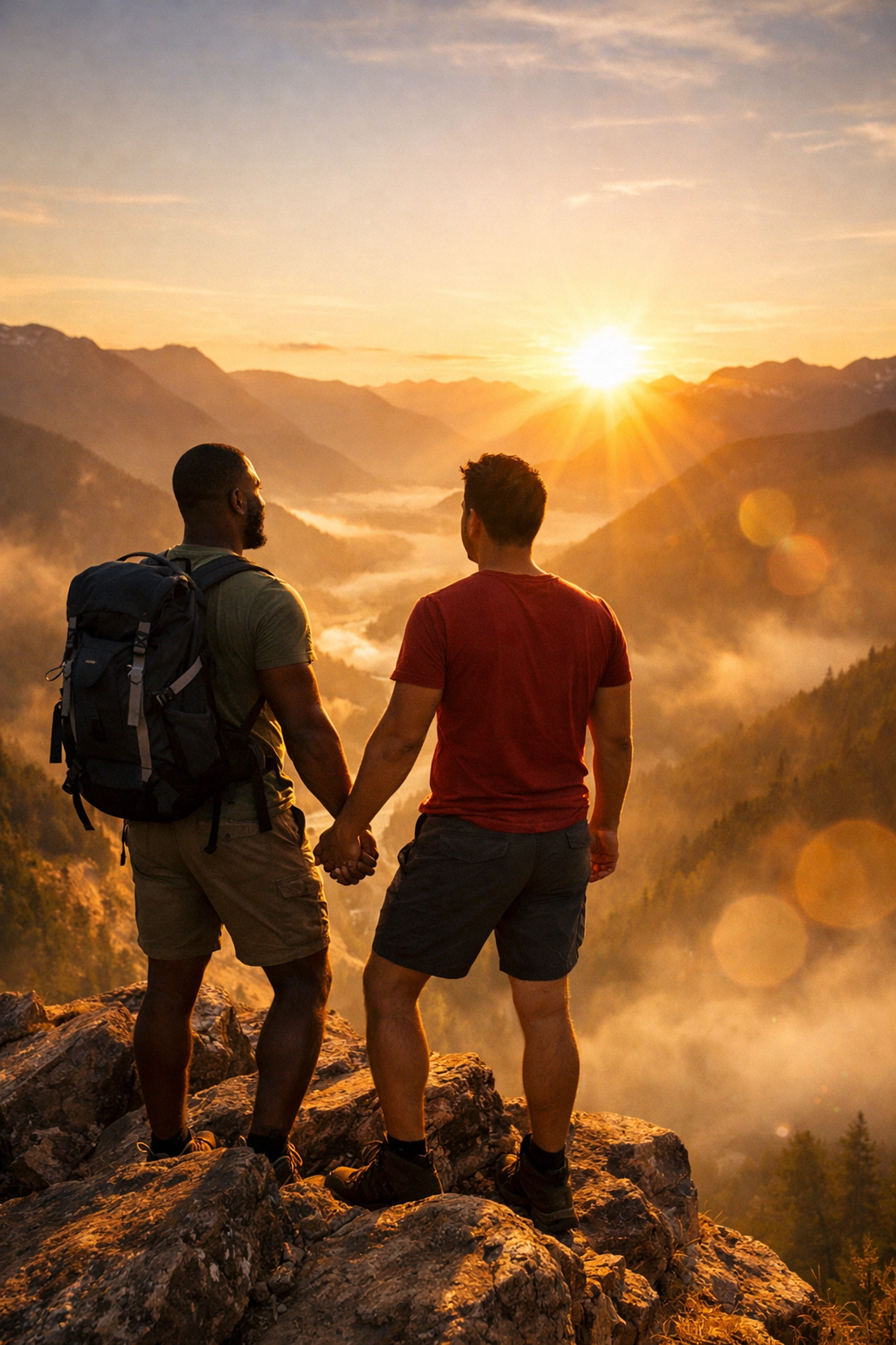 A happy gay couple standing on a mountain at dawn, celebrating the evolution of queer joy in literature.