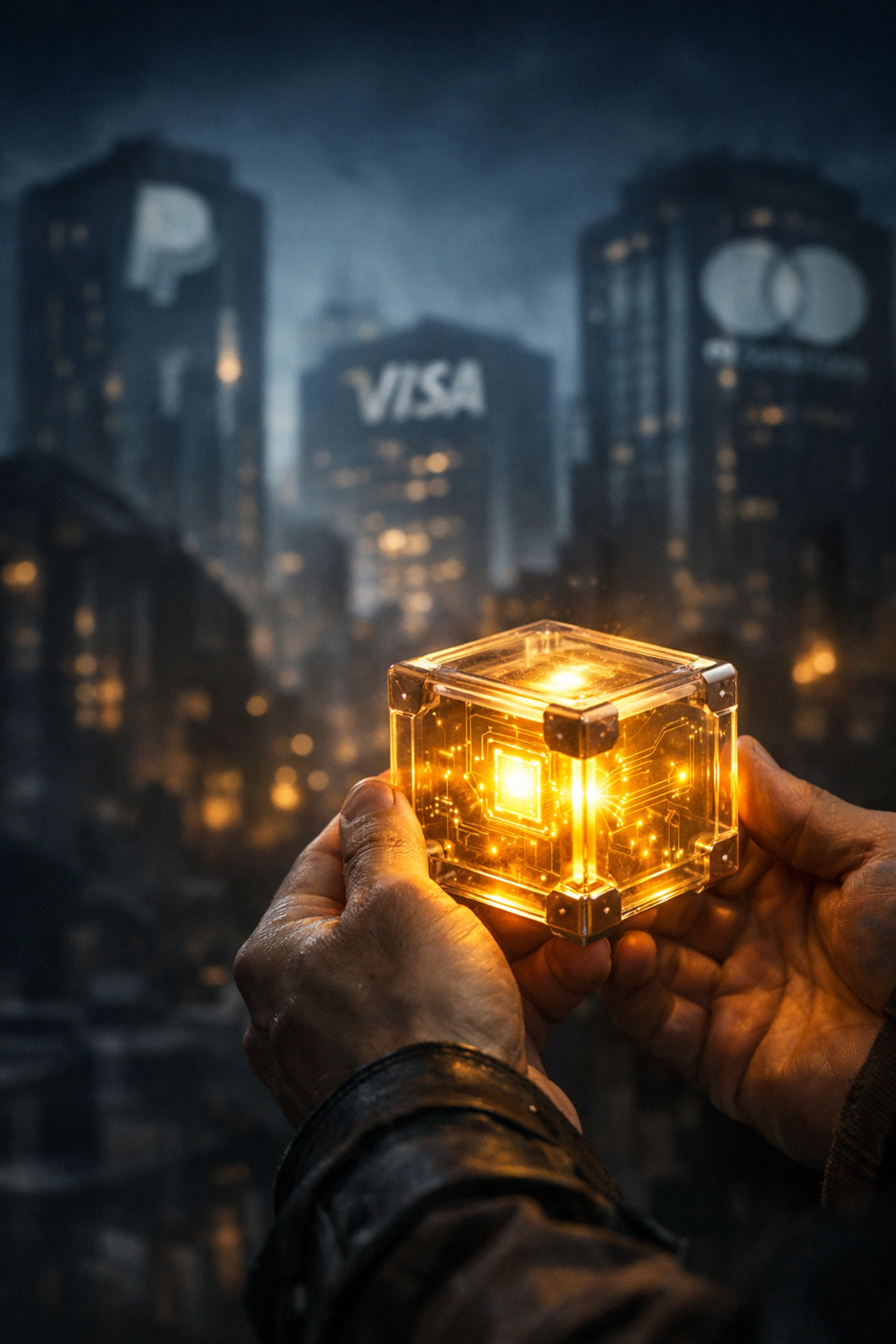 Merchant holding self-custody Web3 wallet with traditional payment processors fading away