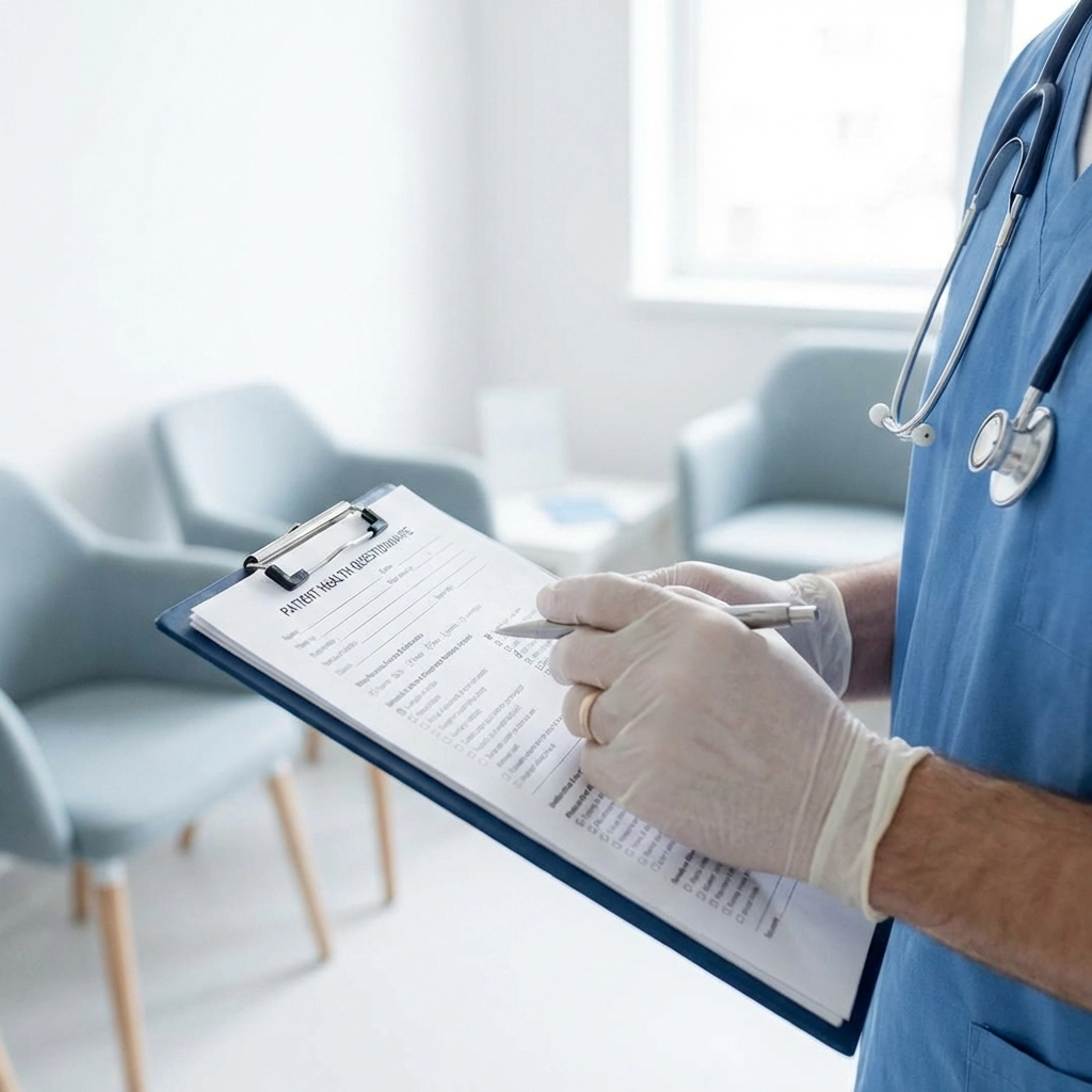 Doctor's hands with medical questionnaire in office, illustrating thorough life insurance health evaluations.