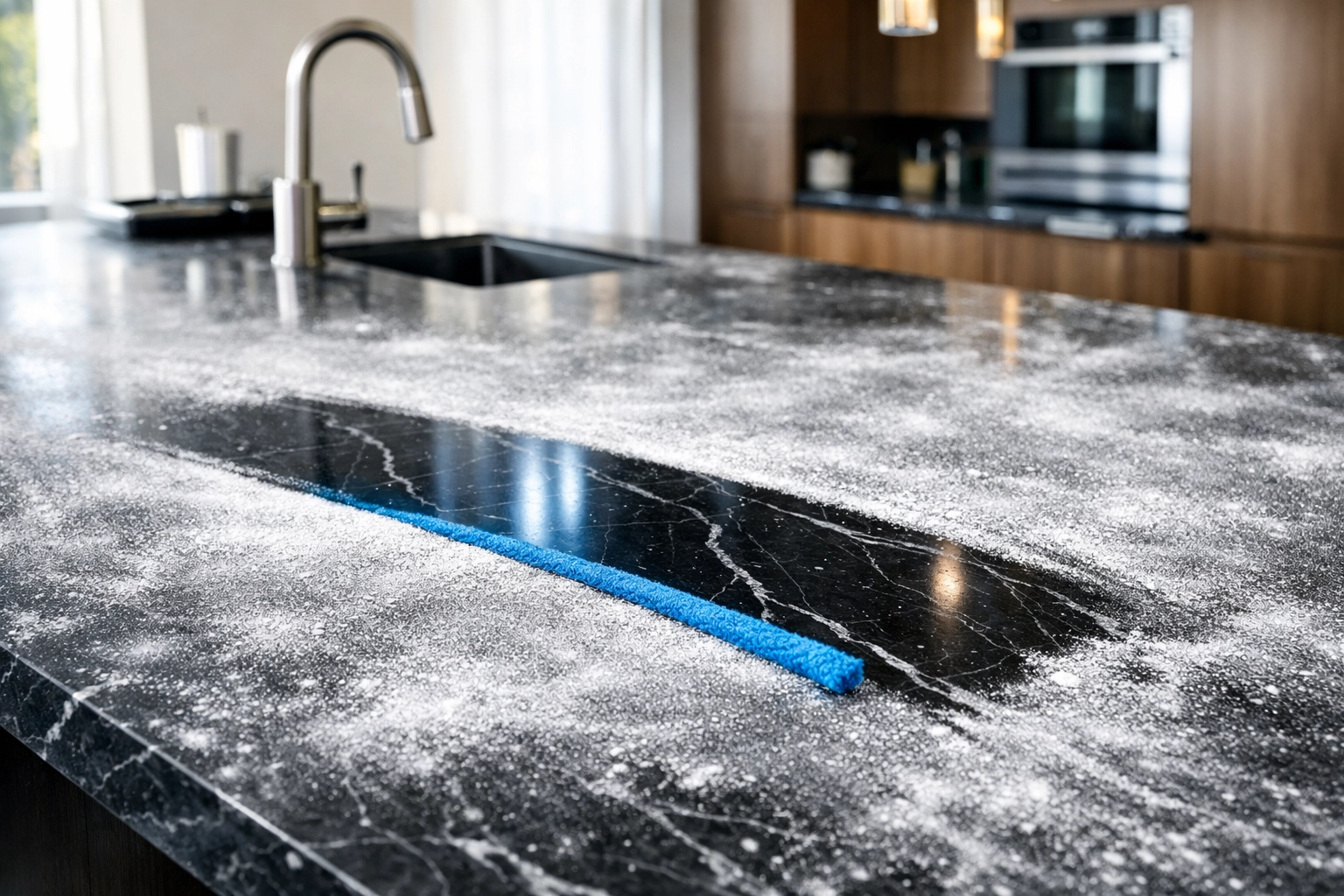 A blue microfiber cloth wipes a clean path through drywall dust on a polished marble countertop.