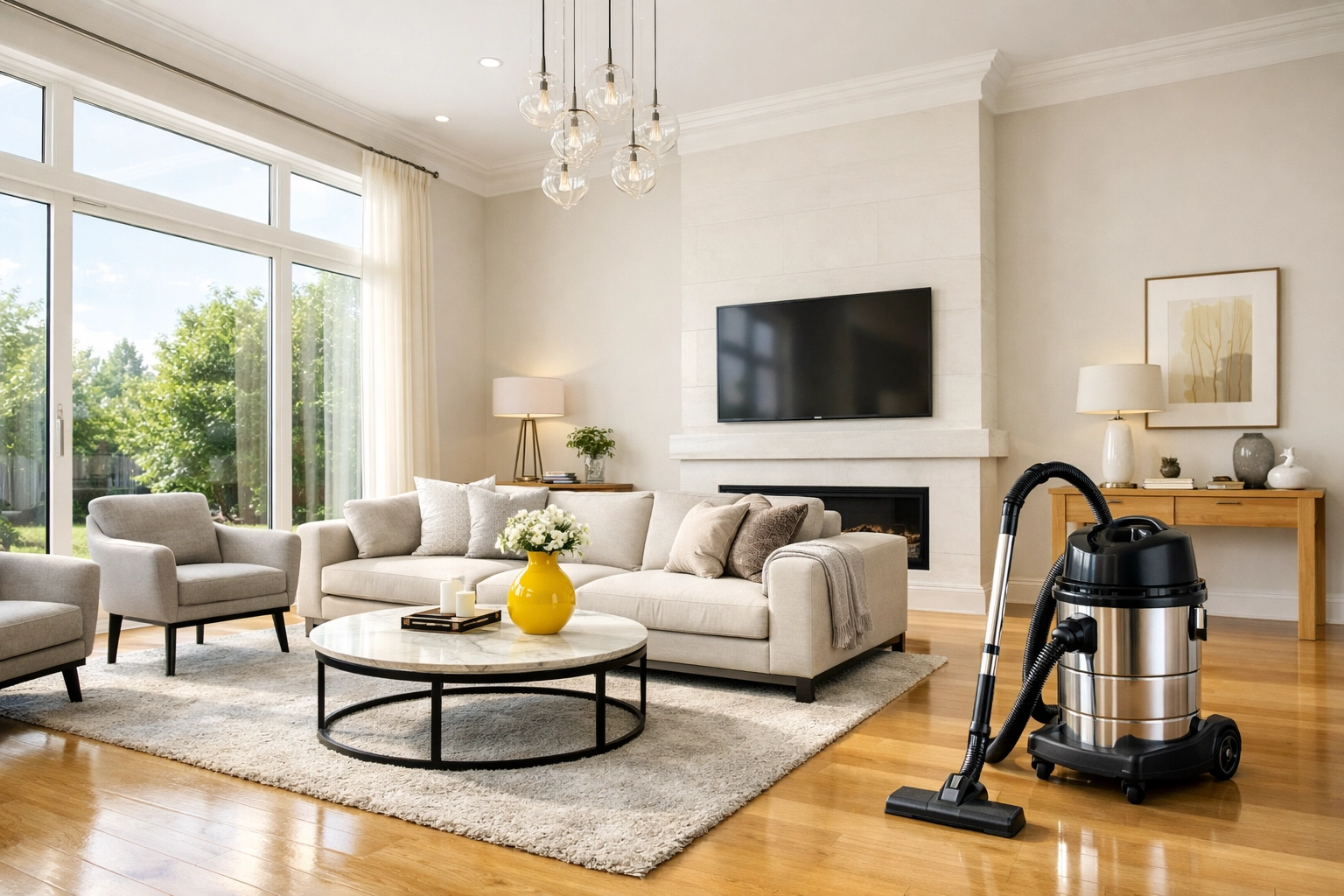 A spotless Norwich living room featuring an industrial HEPA vacuum after a professional post-construction clean.