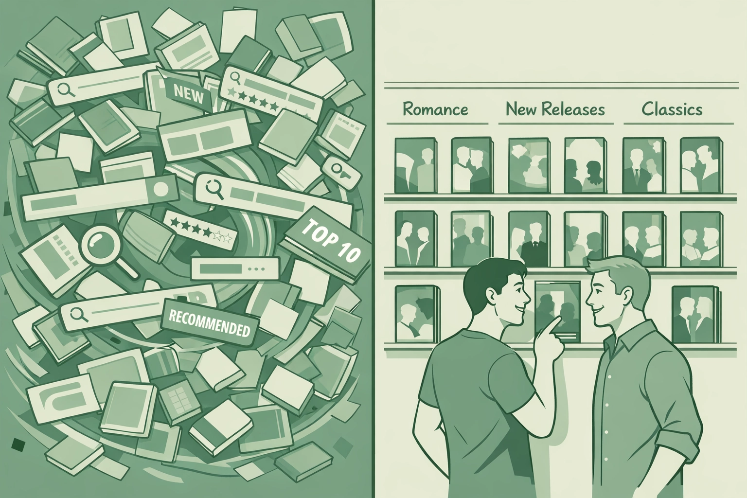 Algorithm chaos versus curated LGBTQ+ book selection showing organized gay fiction discovery