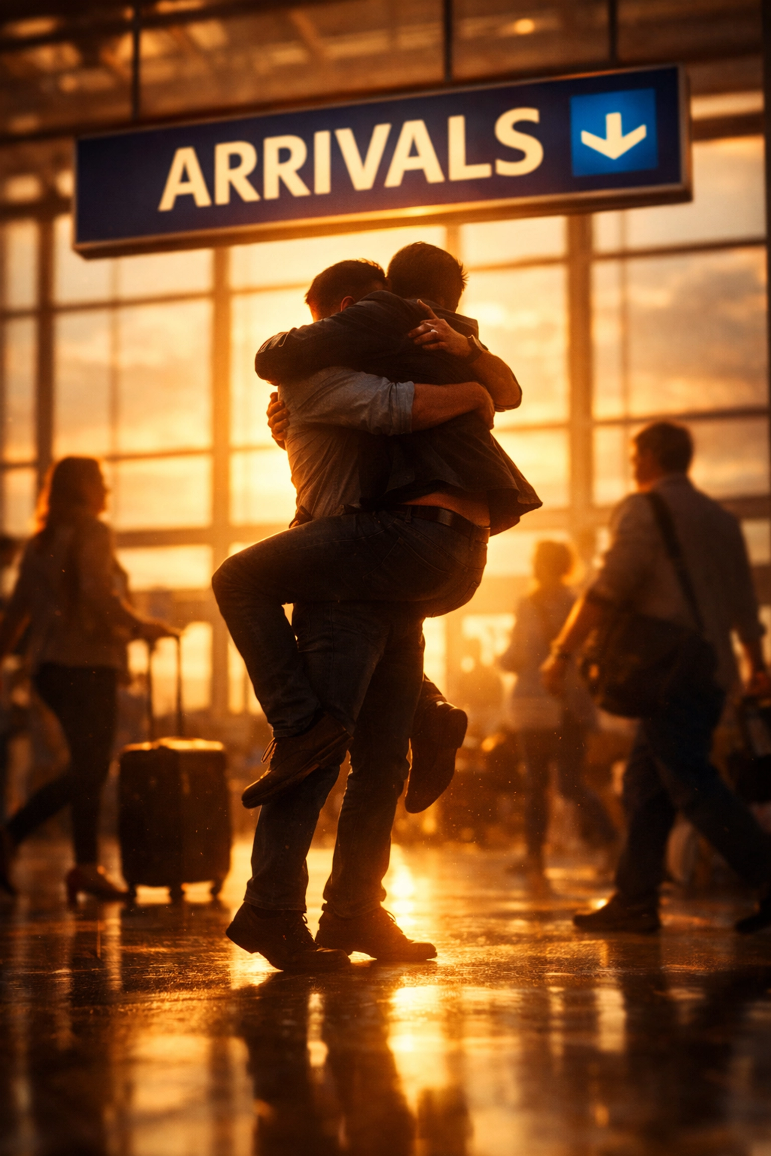 Two men reuniting with embrace at airport in gay romance moment