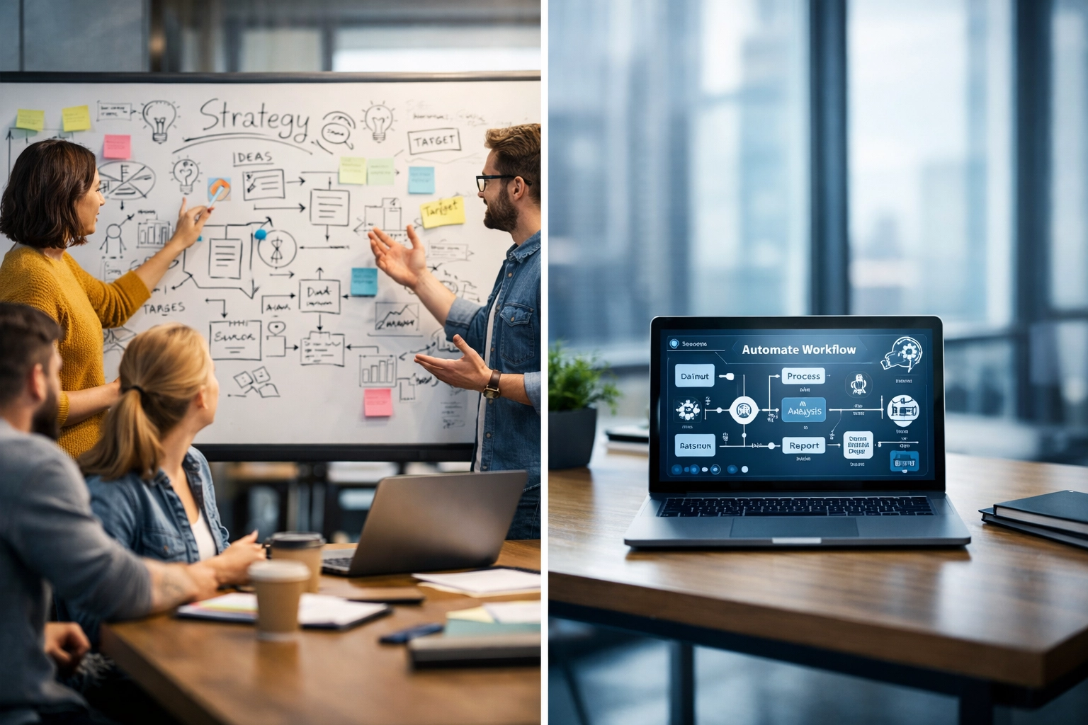 Marketing team collaboration meeting versus automated workflow on laptop screen