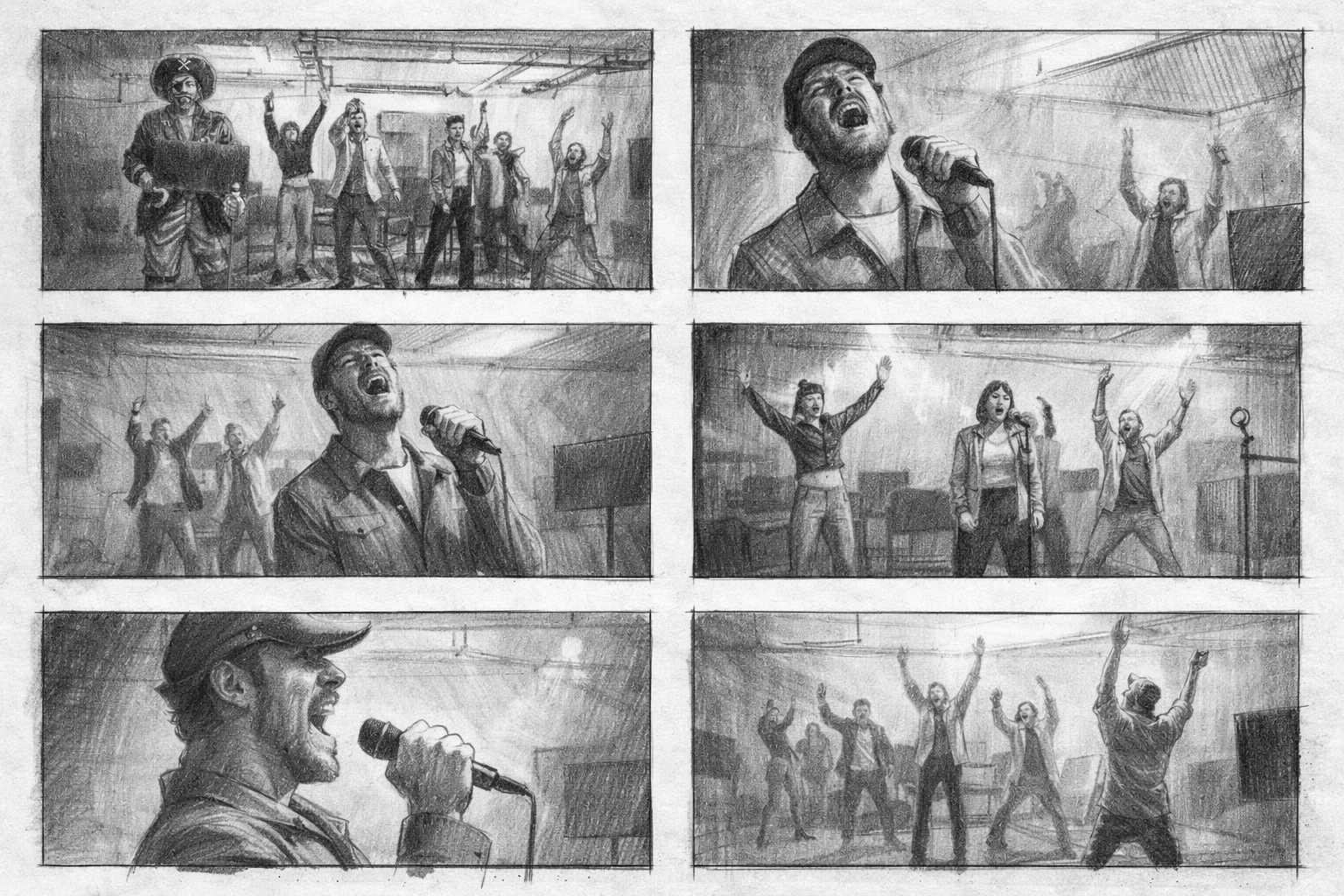 A group of artists rehearses a new performance in a studio, suggesting playful experimentation and interdisciplinary storytelling within a creative incubator.