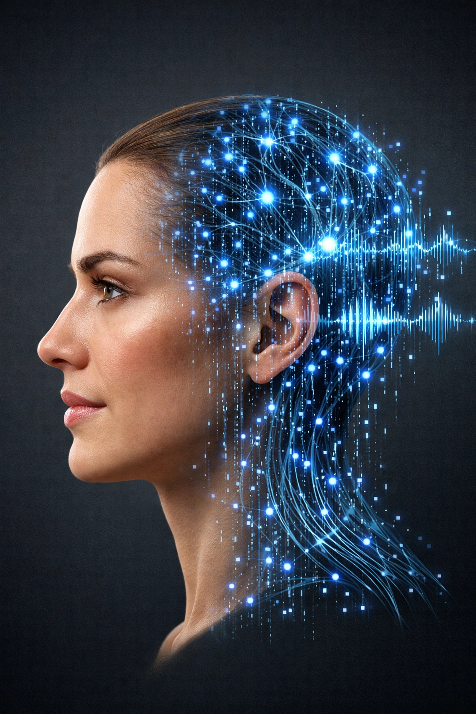 A personal digital twin profile merging a human face with glowing digital data nodes.