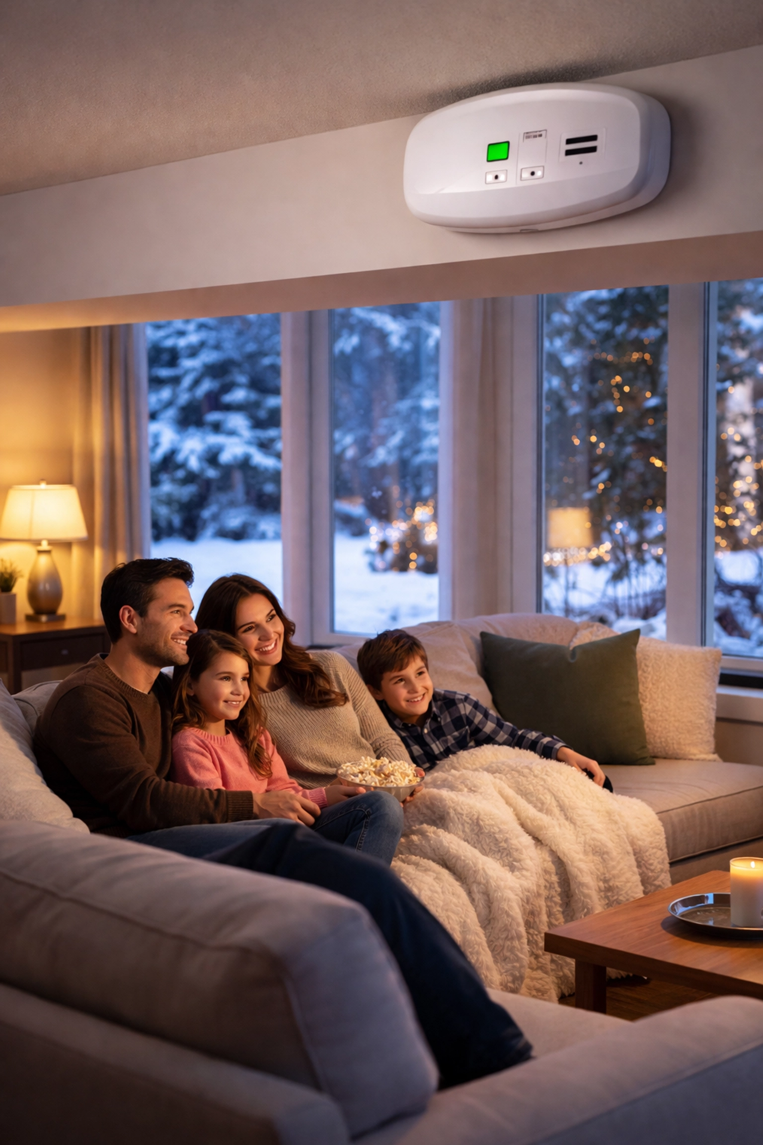 Family safely indoors in a Bergen County home with a visible carbon monoxide detector during a winter storm.