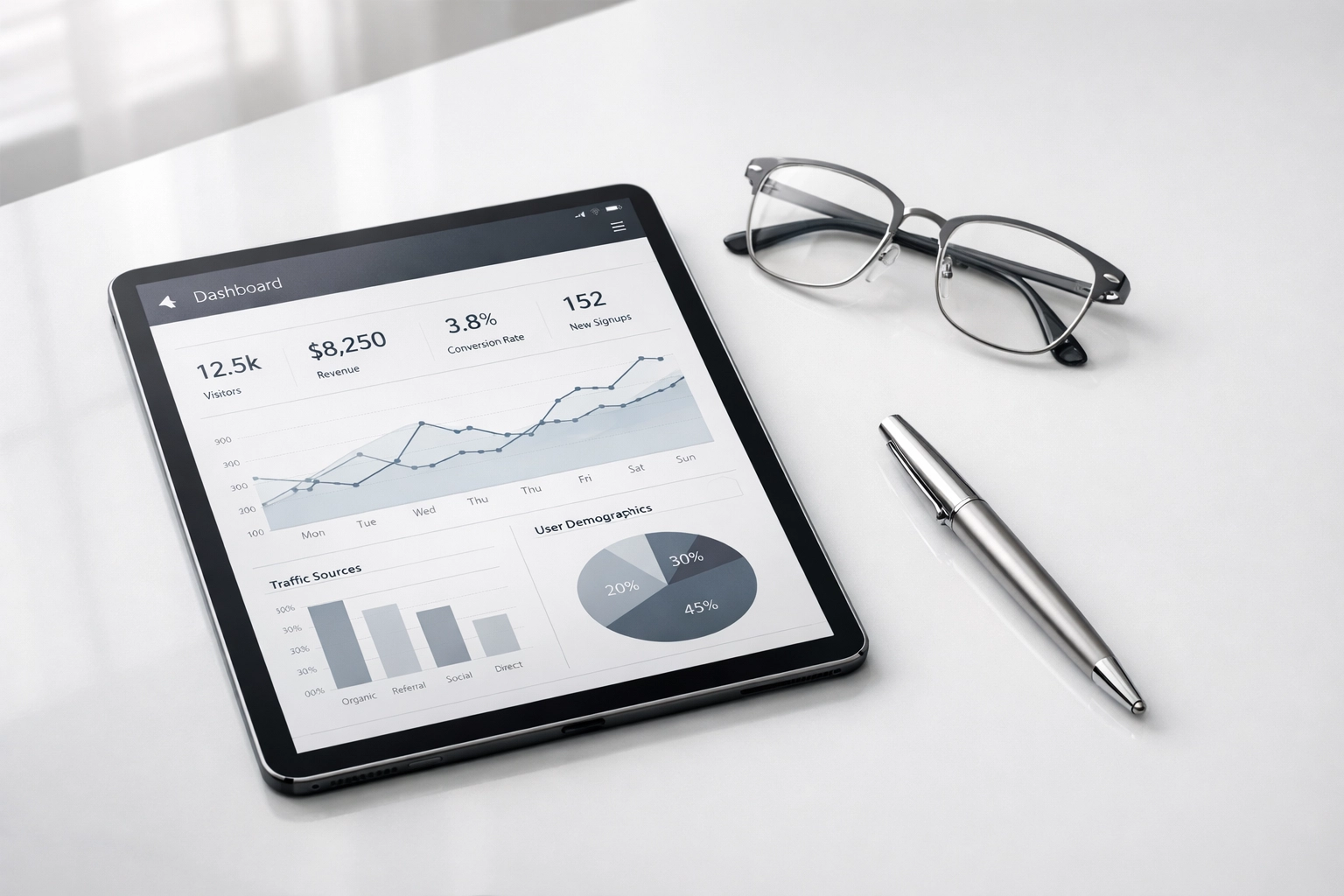 Minimalist desk with tablet displaying data for IRS credential and EFIN verification process.