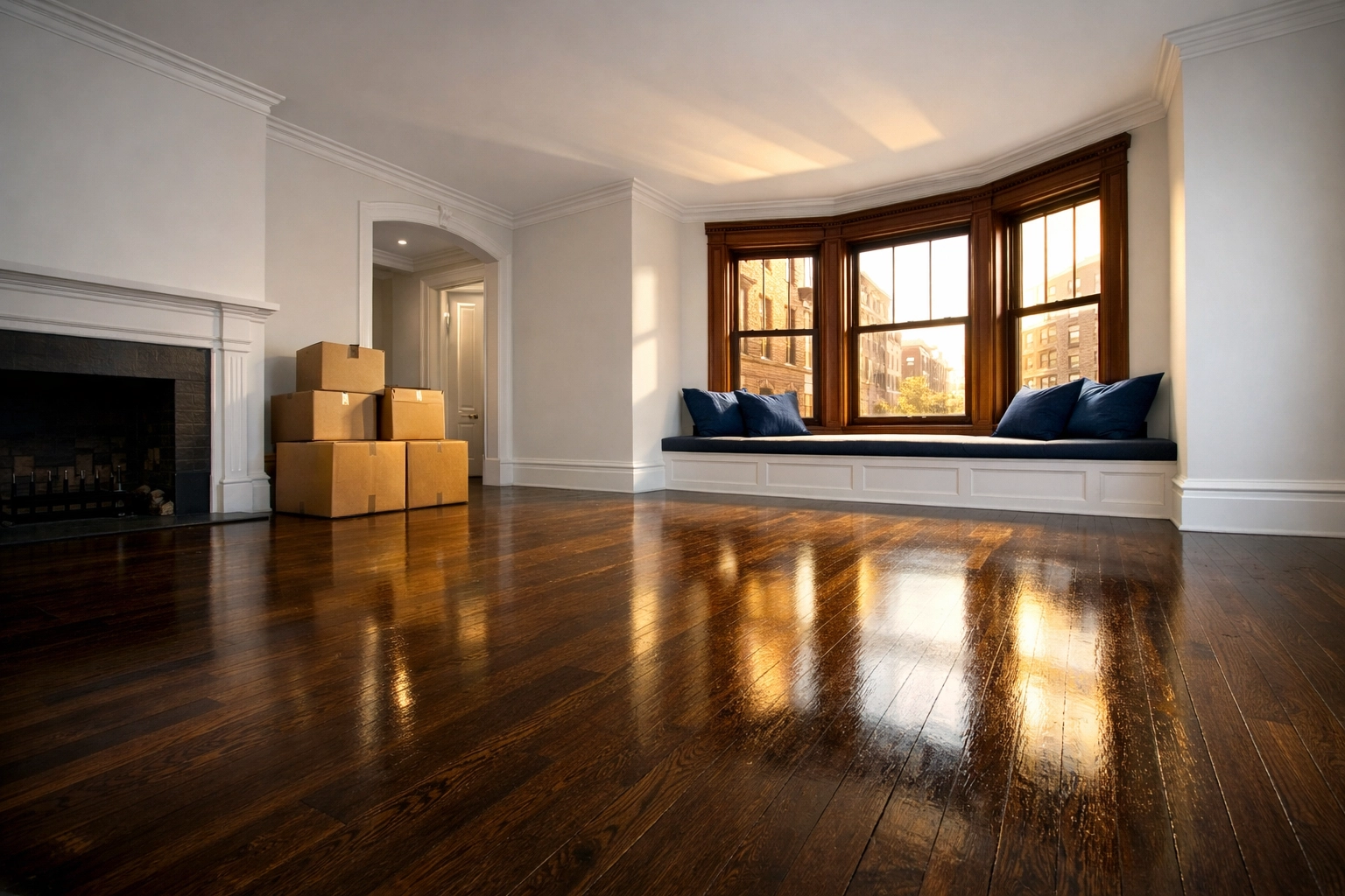 Clean hardwood floors in an empty Boston brownstone prepared for move-in/move-out cleaning services.