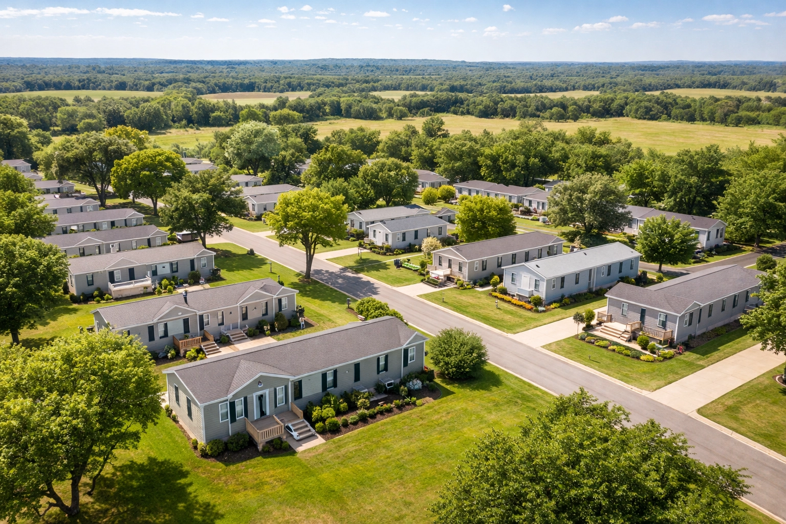 Aerial view of a peaceful manufactured home community near Dallas with tree-lined streets