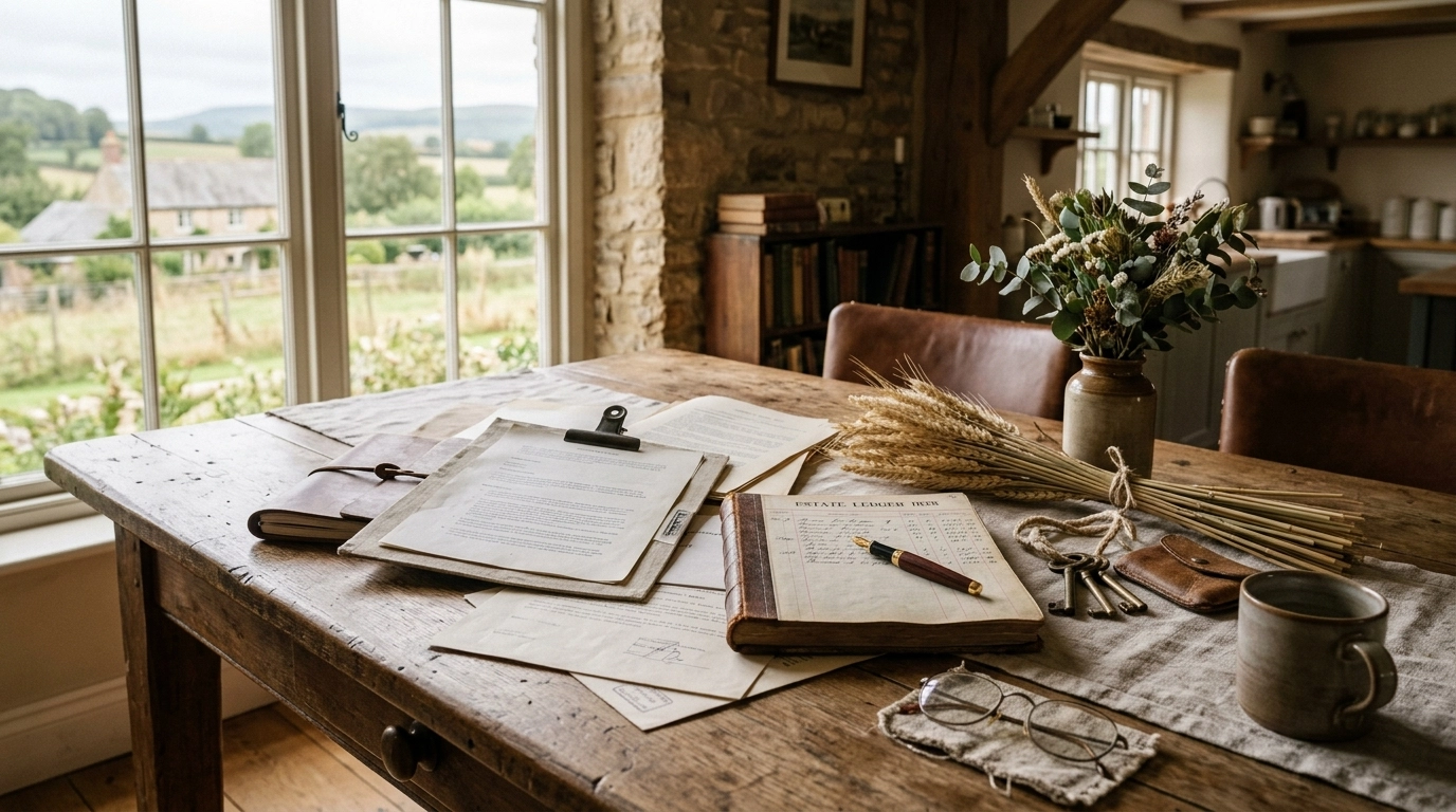 Boho Chic rural farm legal documents, ledger book, and keys styled on a refined farmhouse table