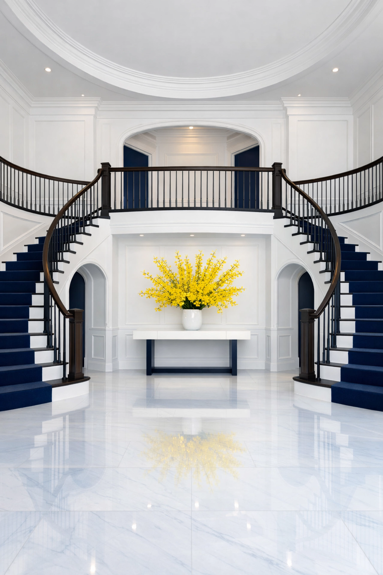 Pristine marble foyer in a Dover estate showcasing high-end residential cleaning Massachusetts standards.