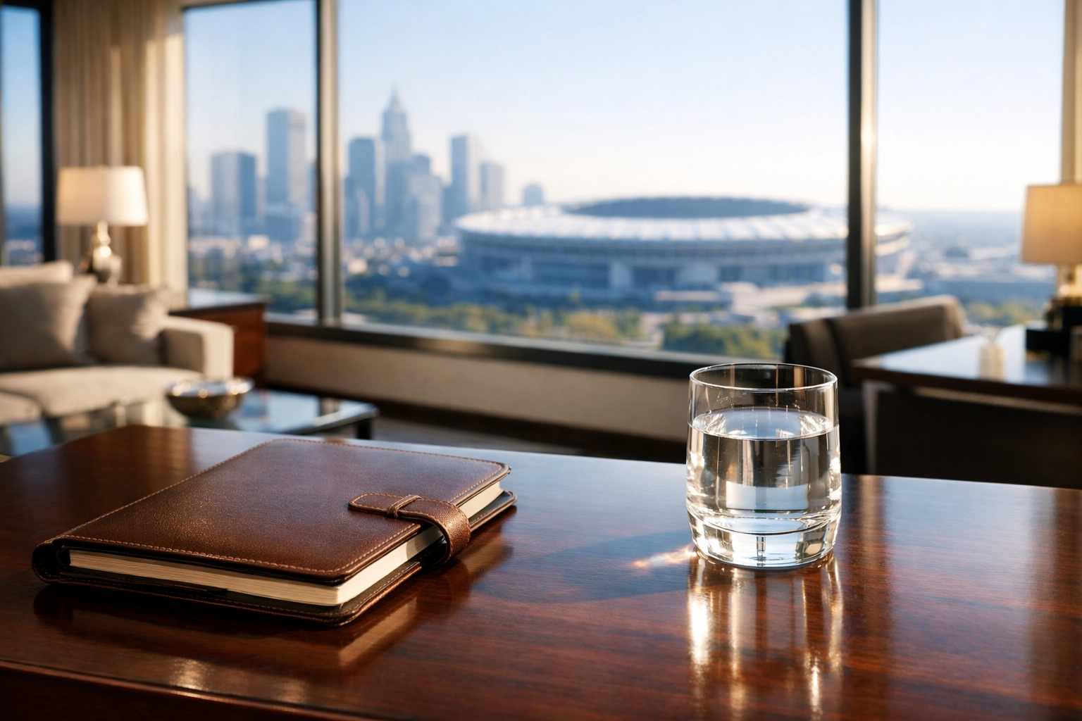 Super Bowl Branding Secrets Revealed: What Experts Don’t Want You to Know About VIP Logistics Luxury hotel suite overlooking a football stadium, representing early Super Bowl corporate planning.