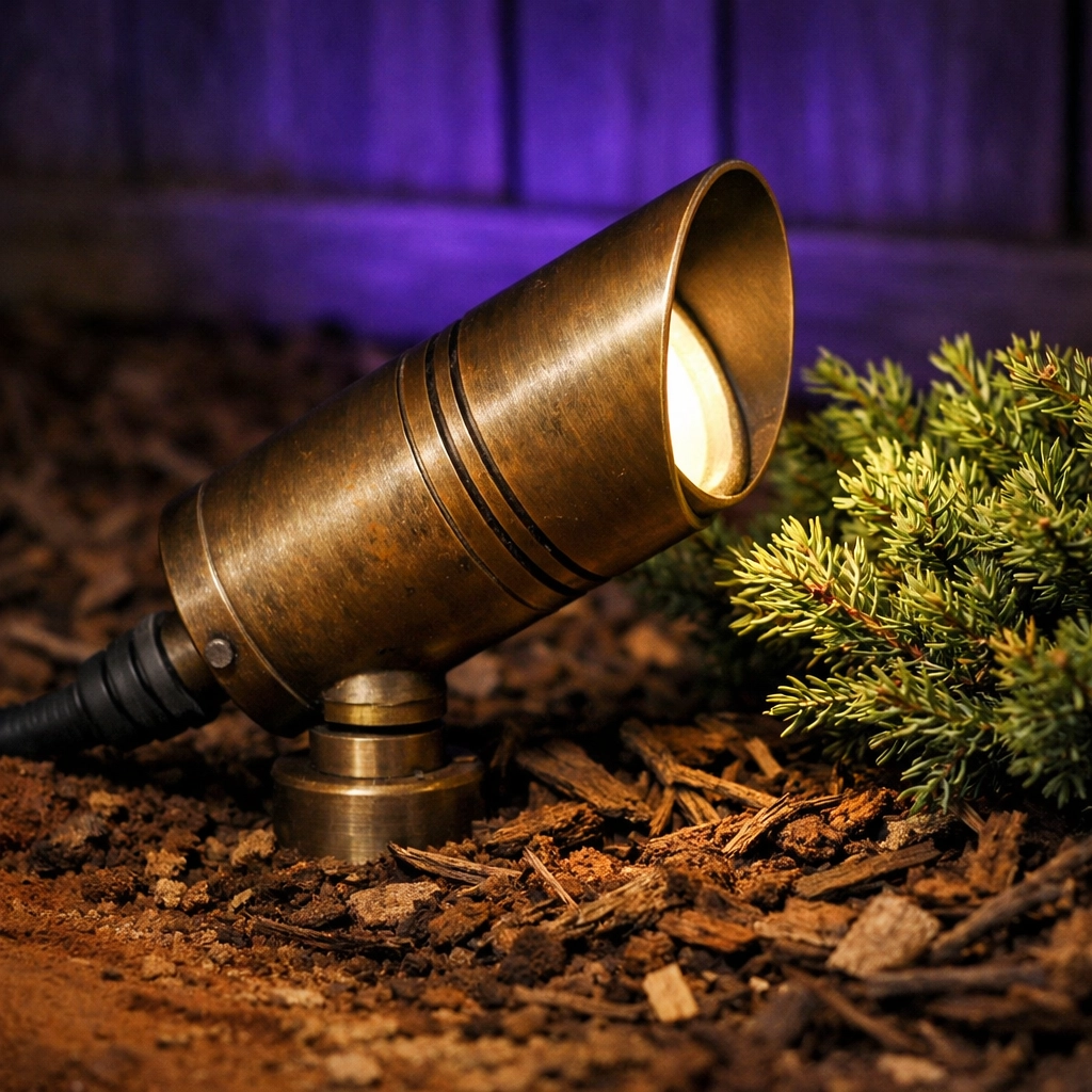 Solid brass landscape lighting fixture with patina installed in garden bed