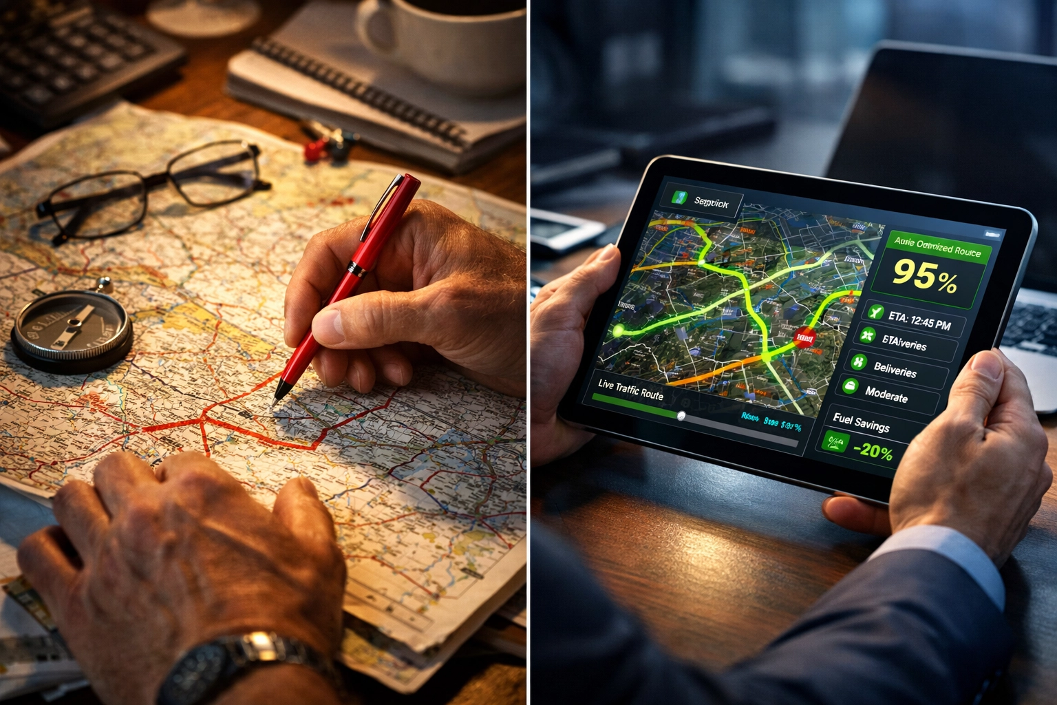 KI Logistik Vergleich: Traditionelle Planung vs. KI-gestützte Routenoptimierung und Bedarfsprognose