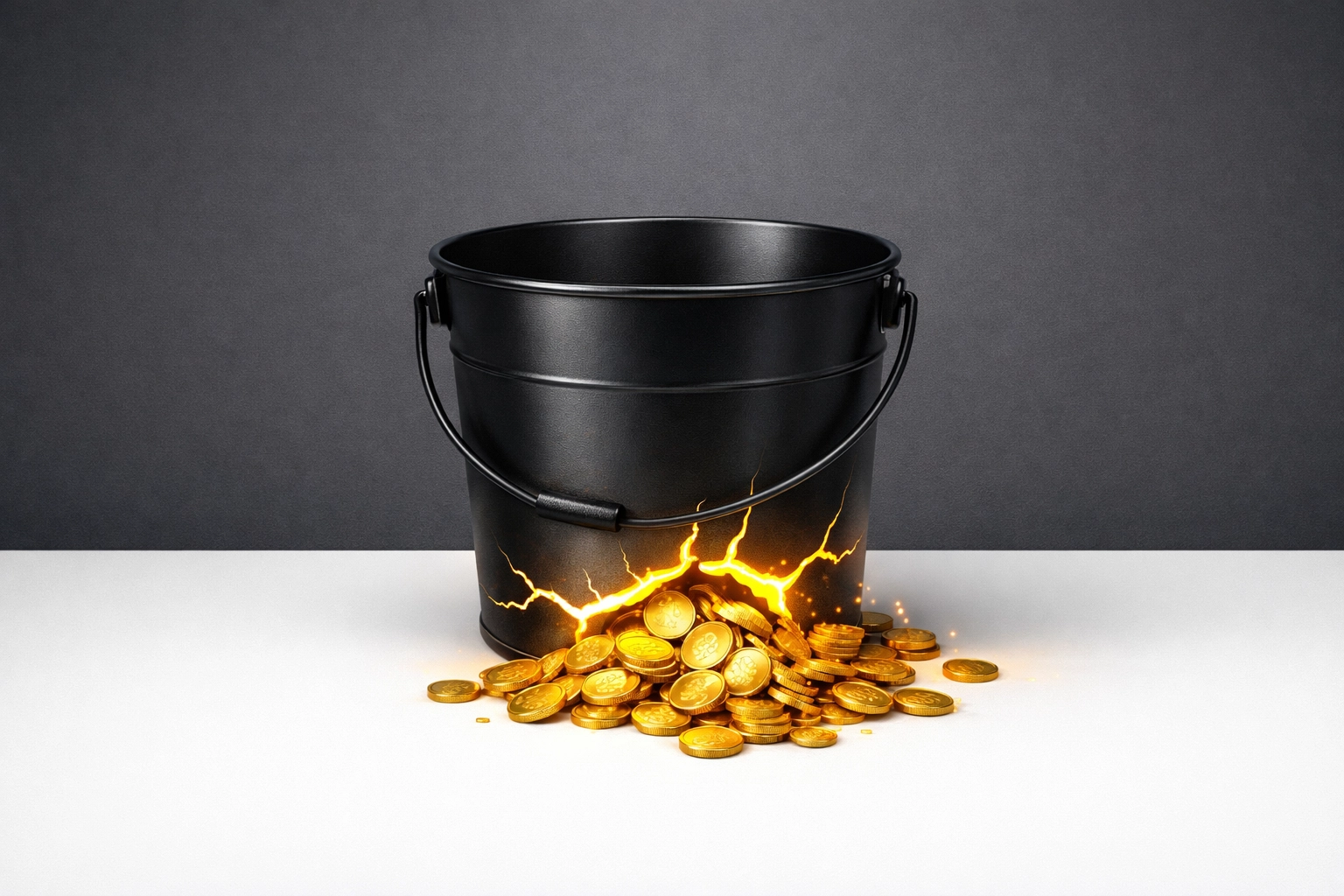 A cracked black bucket leaking gold coins, representing wasted real estate lead spend and lost ROI.