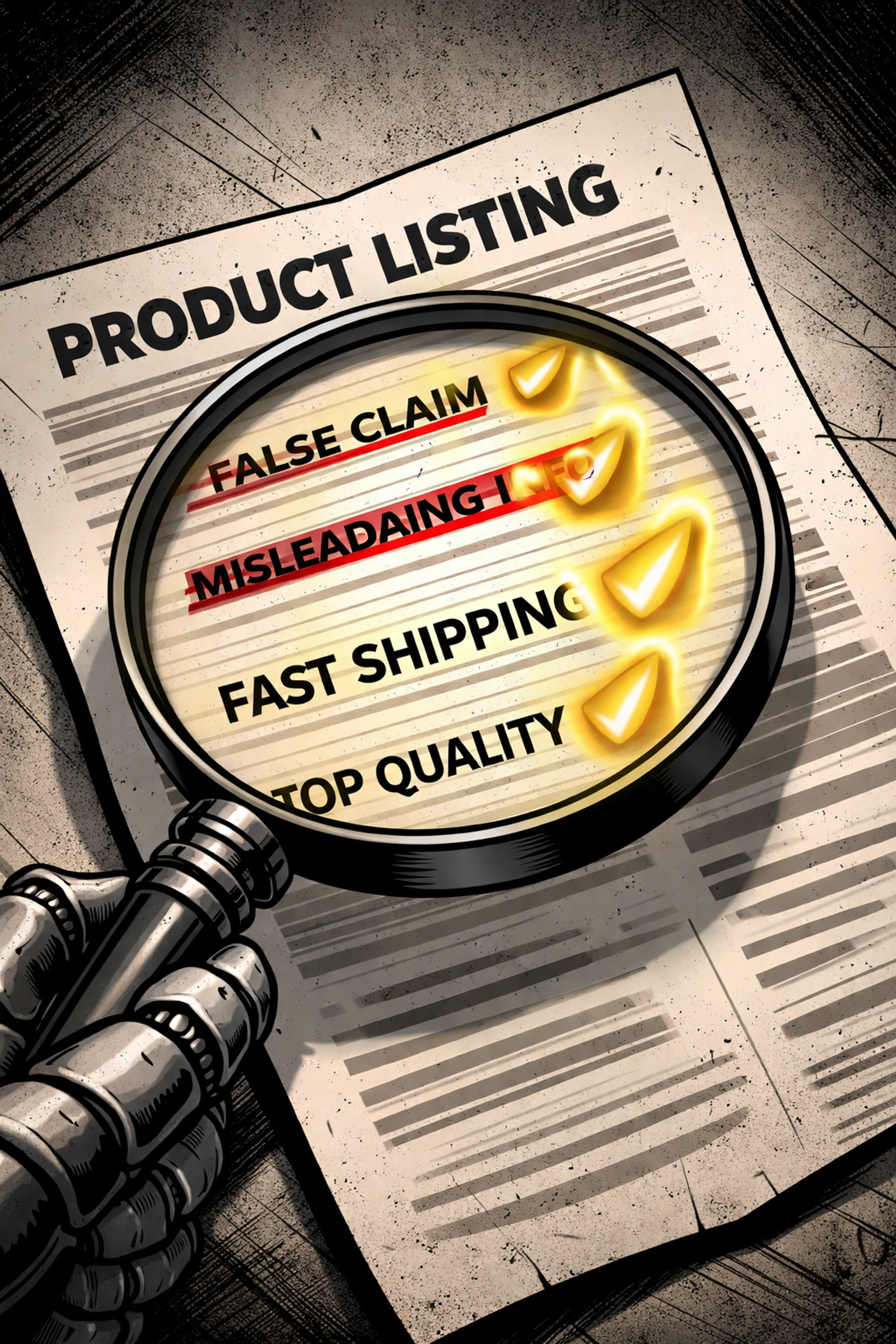 Magnified Amazon product listing with verified and prohibited claims, emphasizing compliance with Rufus AI.