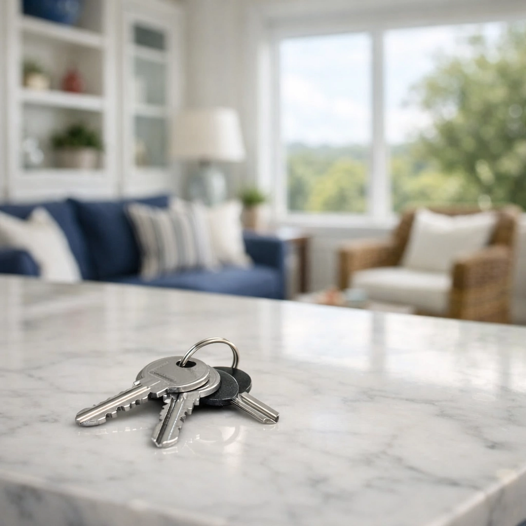 Silver house keys on a kitchen counter symbolizing successful mortgage approval for a new home in Texas.