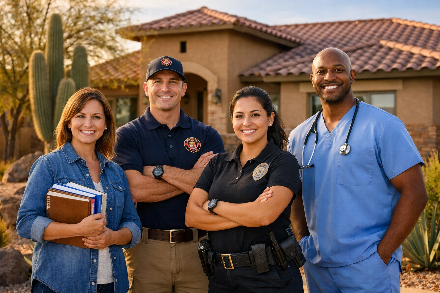 Public servants including teachers firefighters and nurses standing in front of Arizona home