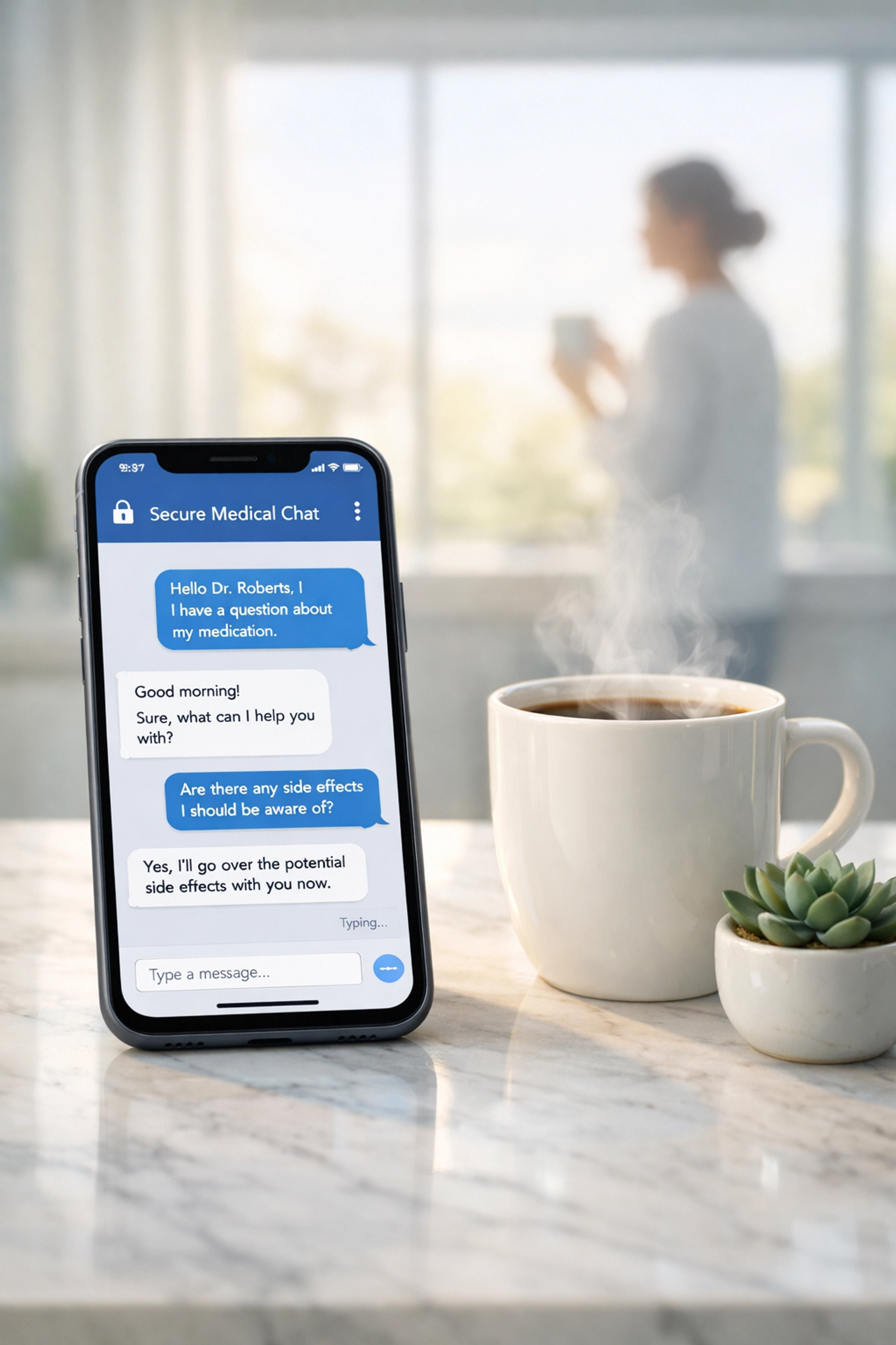 Online doctor consultation via secure medical chat on a phone for fast prescription refills at home.