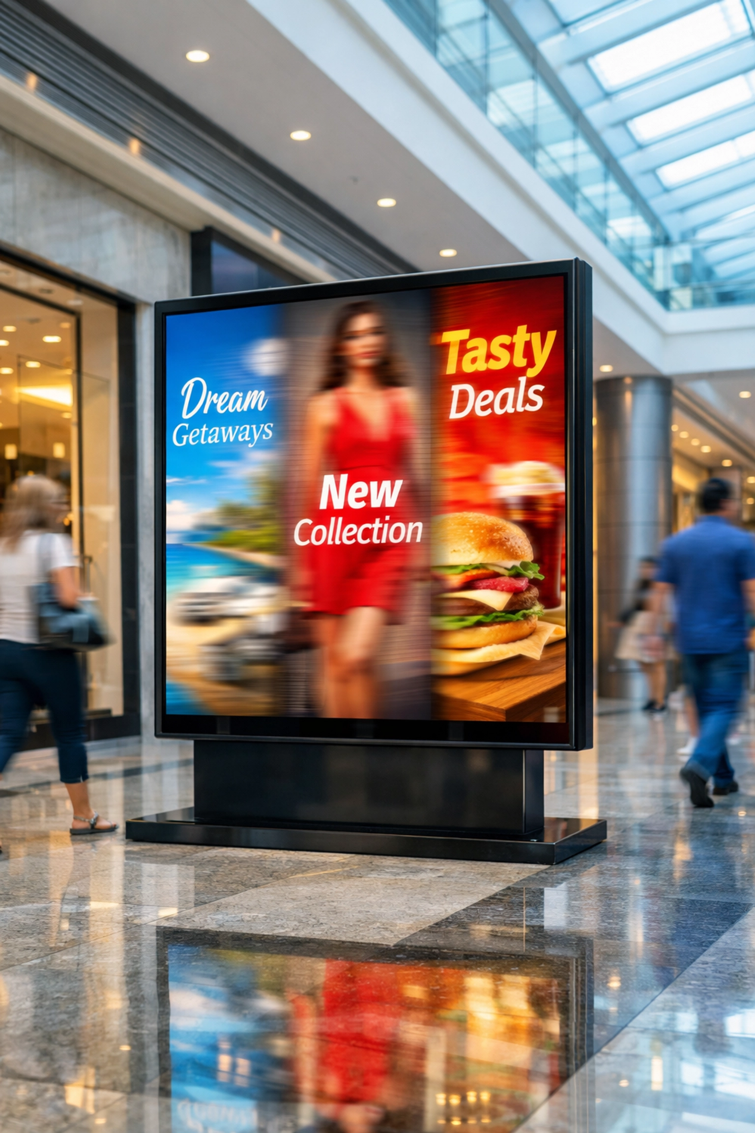 Digital signage screen in shopping mall displaying dynamic rotating advertisements