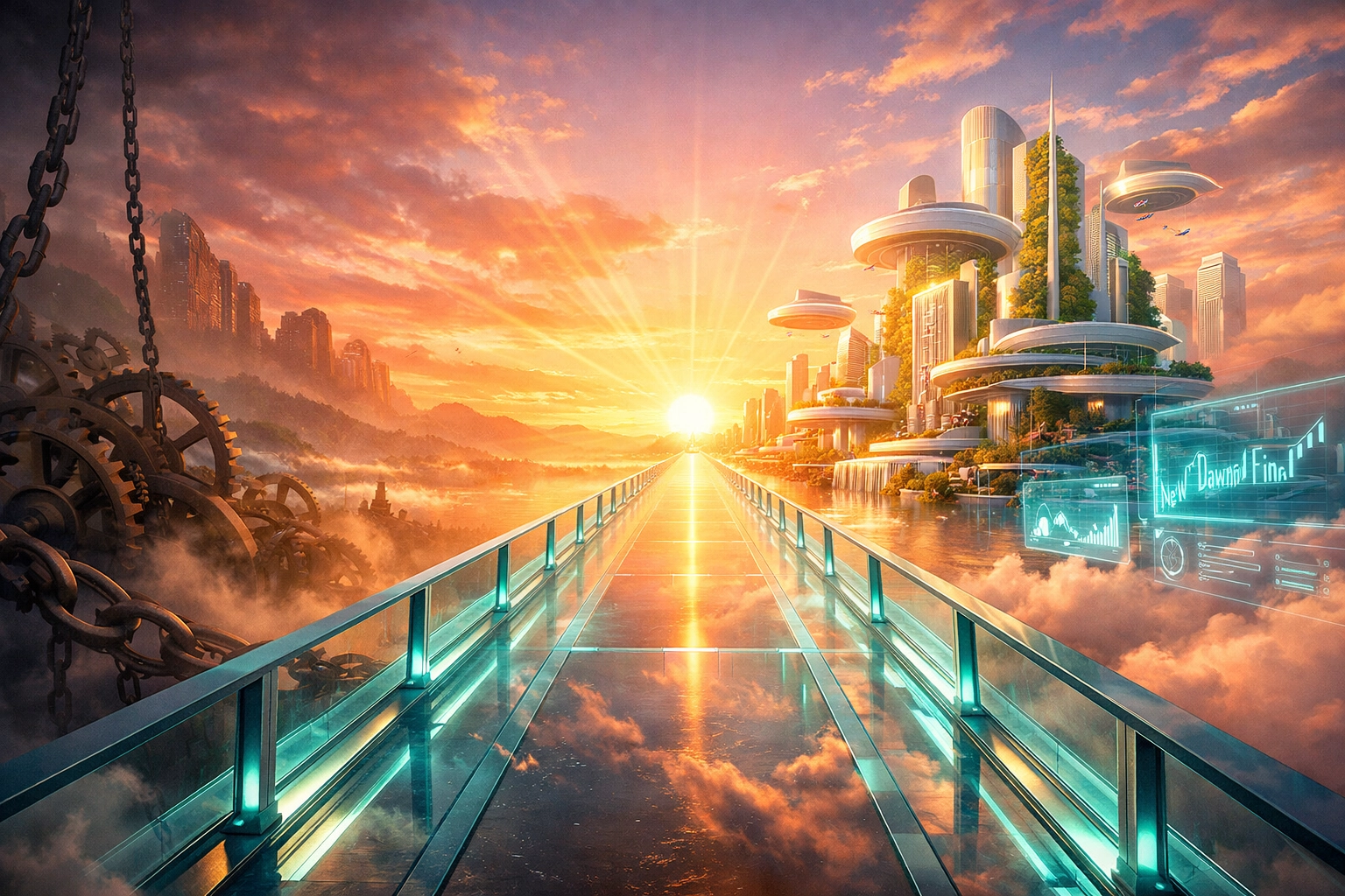 A glowing bridge leading to a futuristic city, symbolizing the Larecoin revolution and the future of Web3 finance.