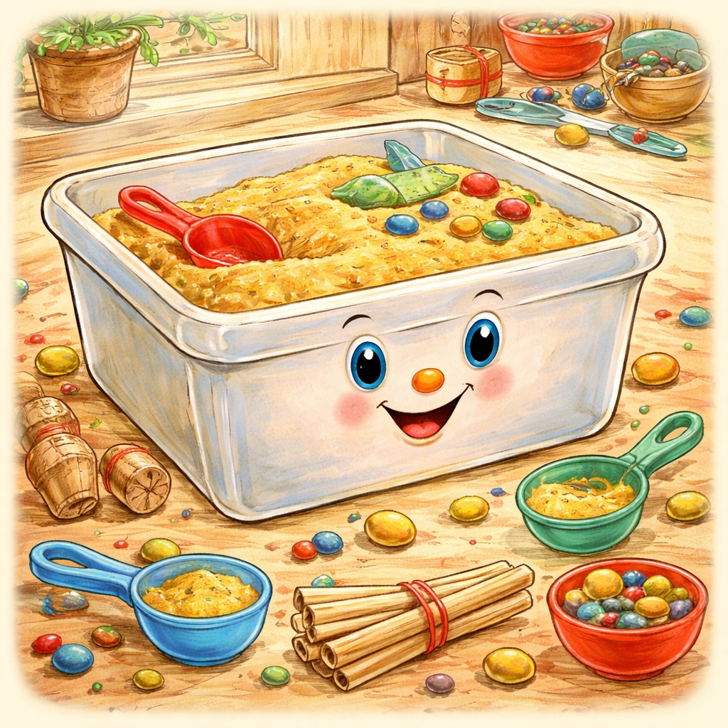 Plastic container filled with sand and colorful craft materials for an affordable mini construction site bin for kids