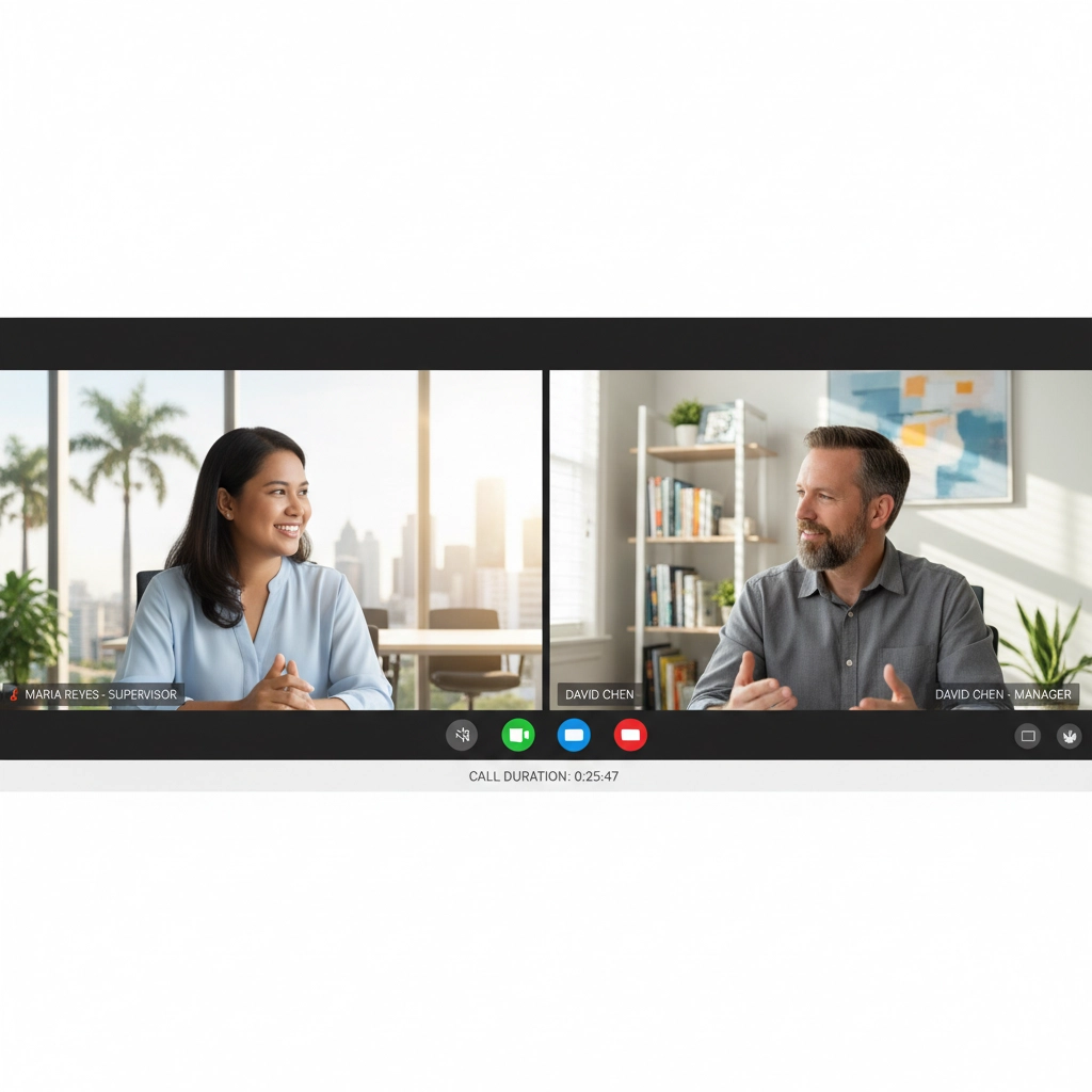 Hybrid leadership team, video conference, diverse backgrounds