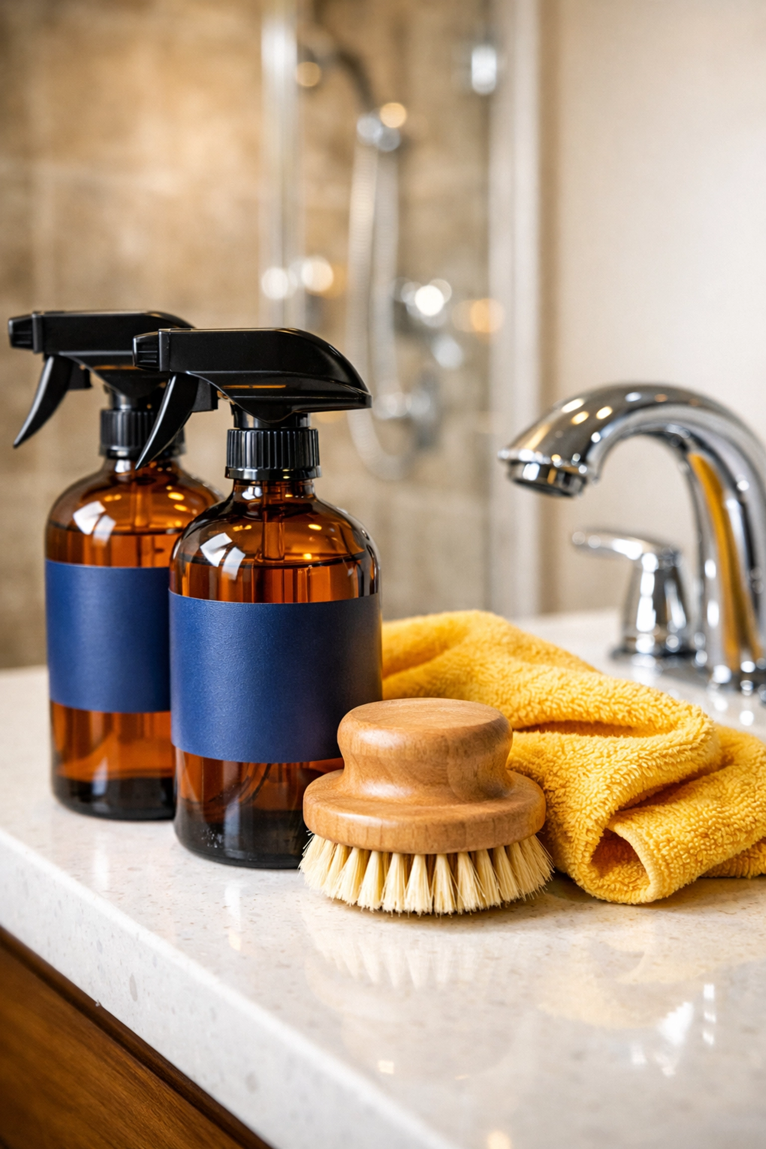 Eco-friendly cleaning supplies and microfiber cloths on a clean bathroom vanity for safe home care.